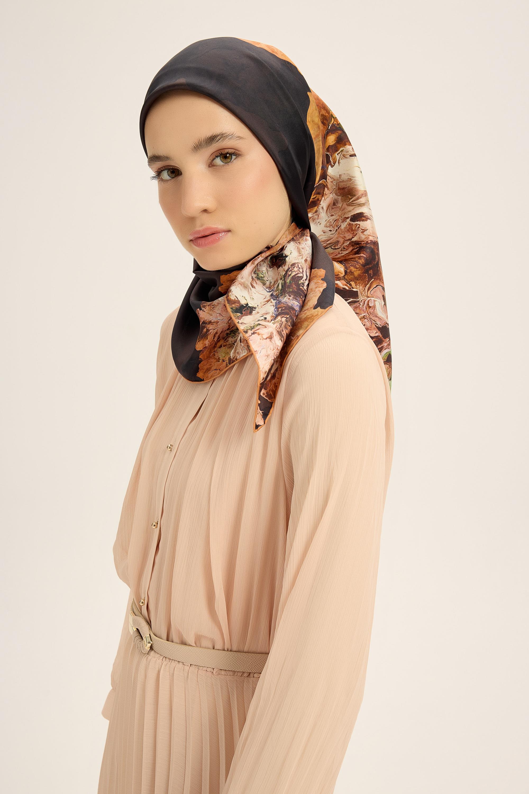 KATRE TİVİL İPEK EŞARP 90*90 CM - KAHVERENGİ