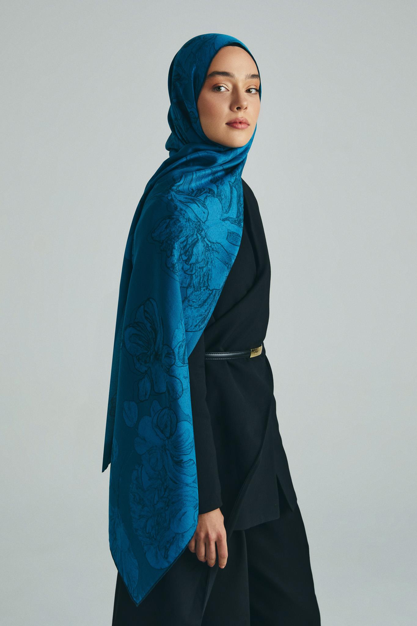 KEHRİBAR PAMUK İPEK ŞAL 70*190 CM - PETROL MAVİSİ