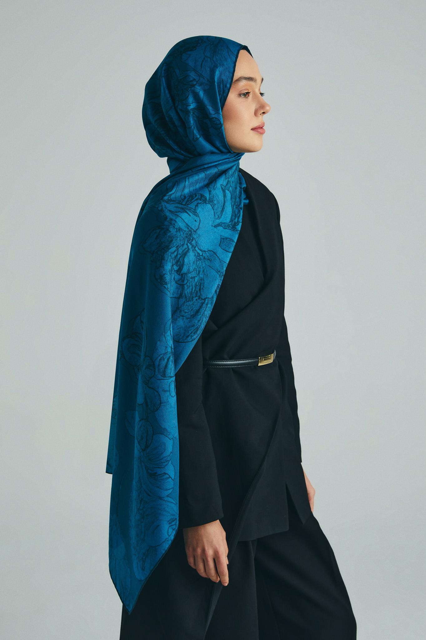 KEHRİBAR PAMUK İPEK ŞAL 70*190 CM - PETROL MAVİSİ