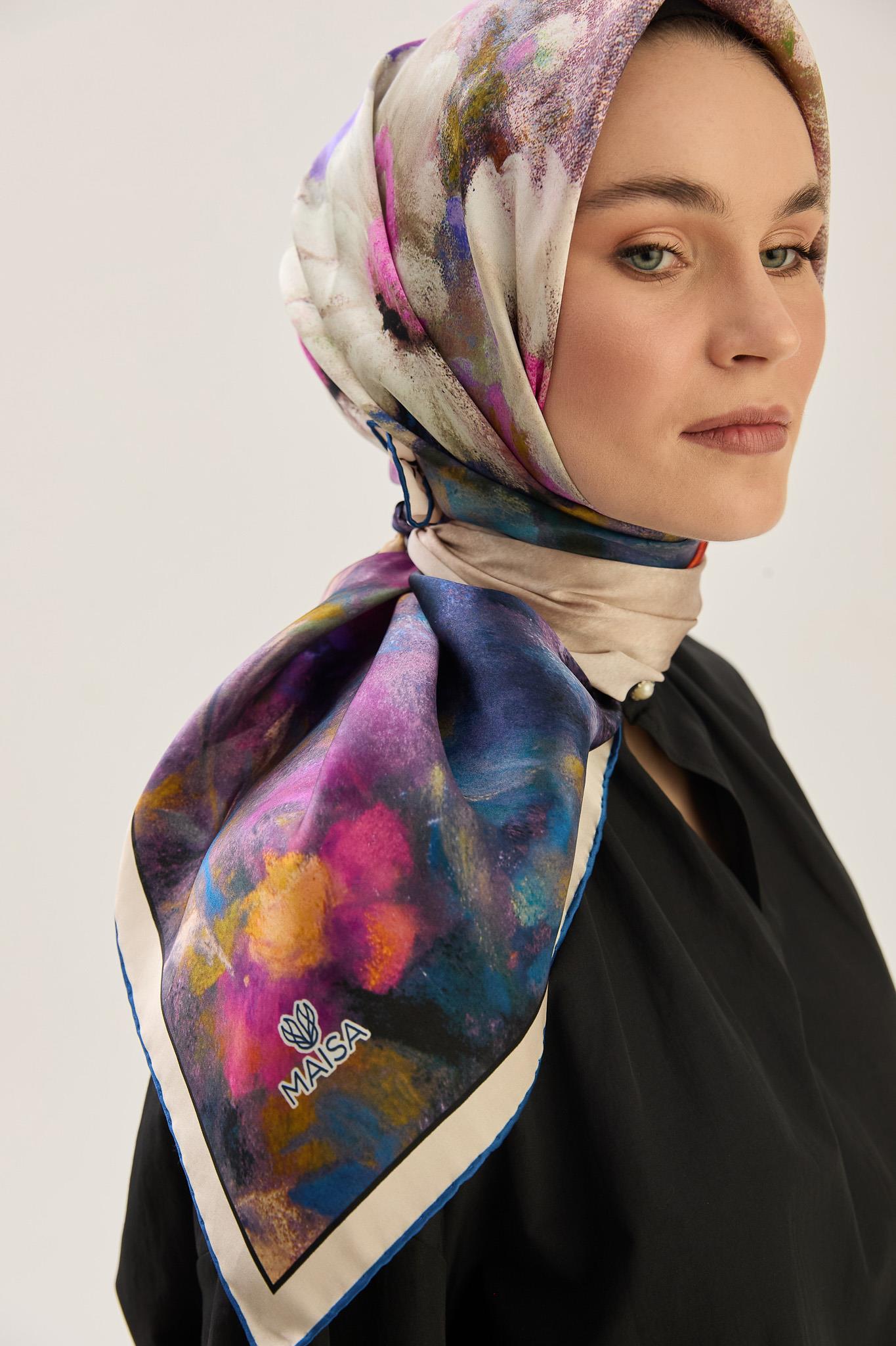 LADEN SURA İPEK EŞARP 90*90 CM - LACİVERT