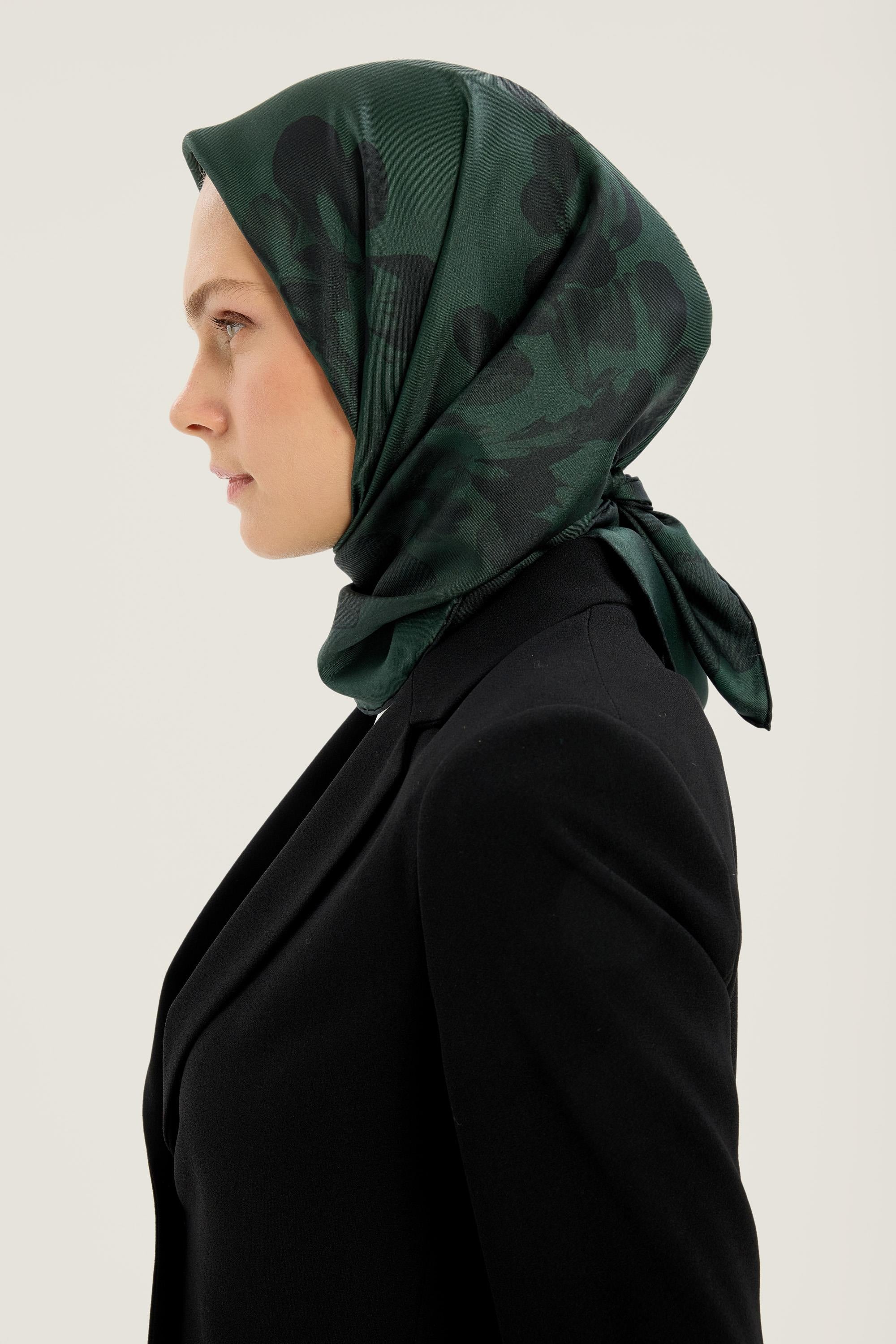 LAL TİVİL İPEK EŞARP 90*90 CM - KOYU YEŞİL