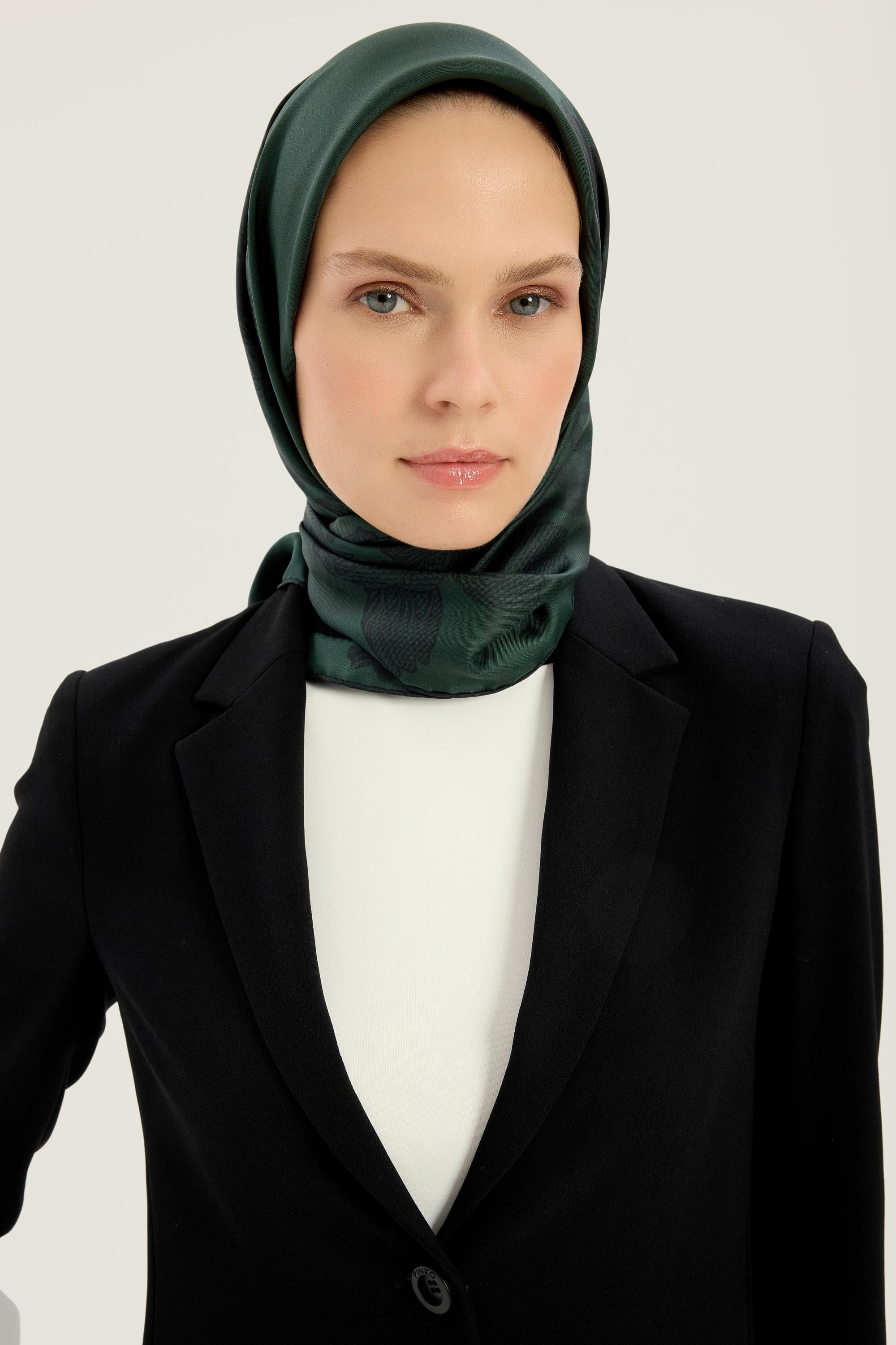 LAL TİVİL İPEK EŞARP 90*90 CM - KOYU YEŞİL