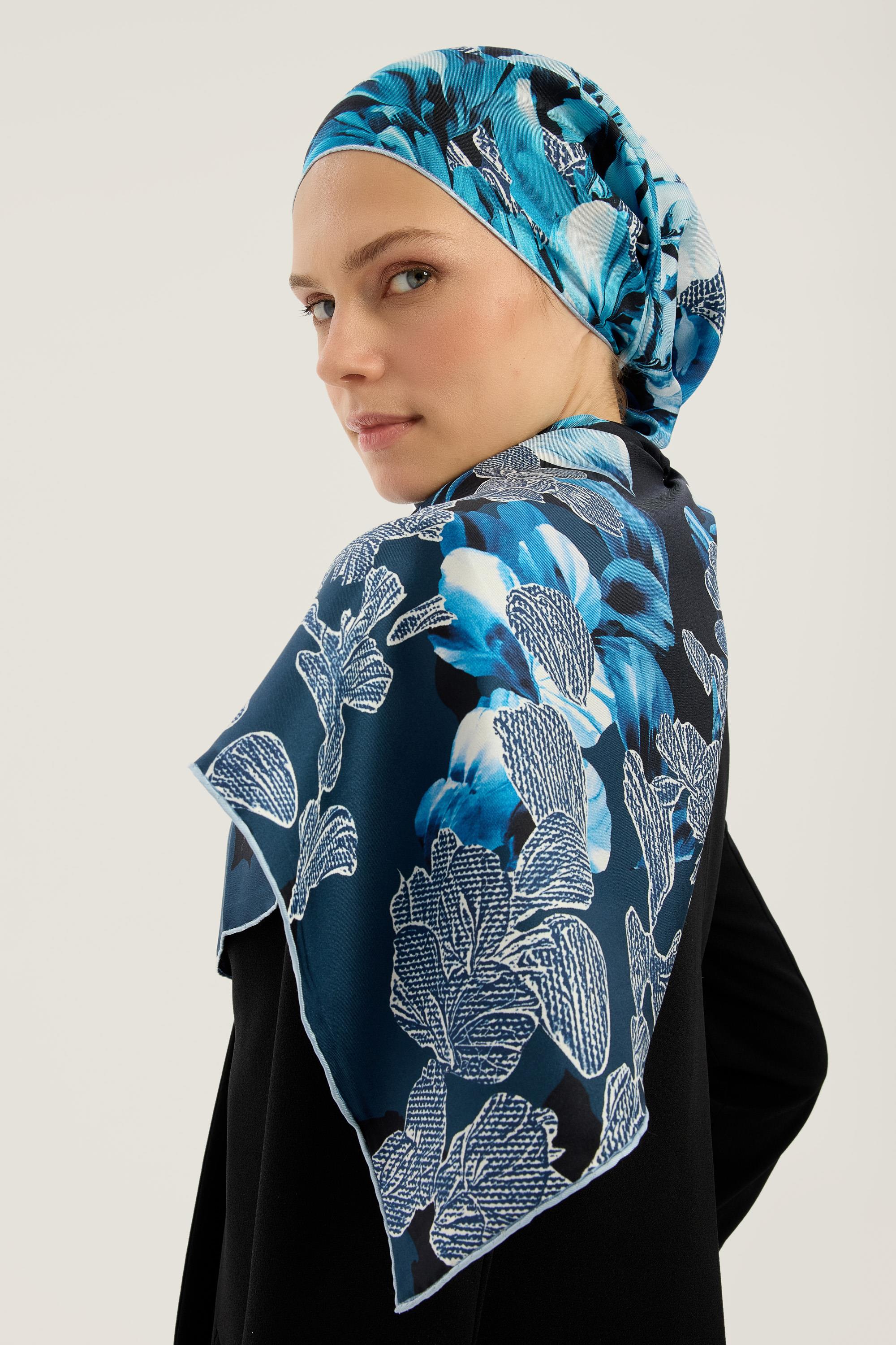 LAL TİVİL İPEK EŞARP 90*90 CM - LACİVERT