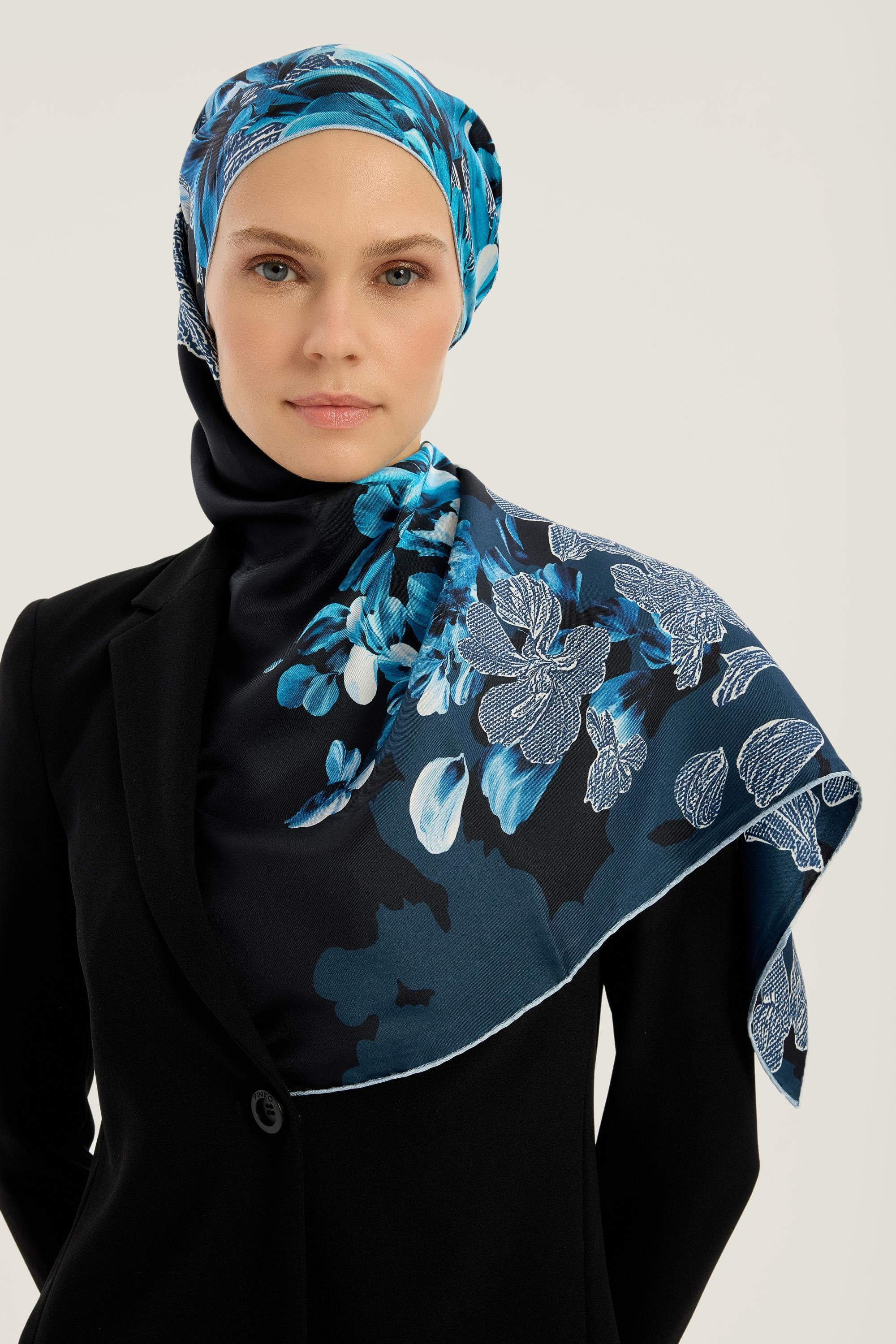 LAL TİVİL İPEK EŞARP 90*90 CM - LACİVERT