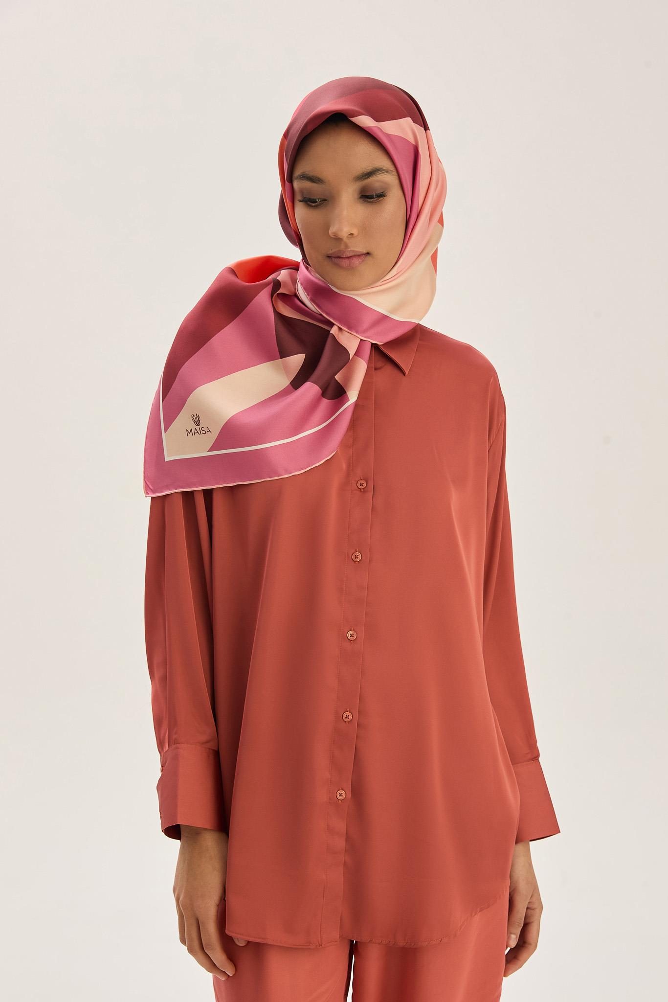 LALE TİVİL İPEK EŞARP 90*90 CM - GÜL KURUSU