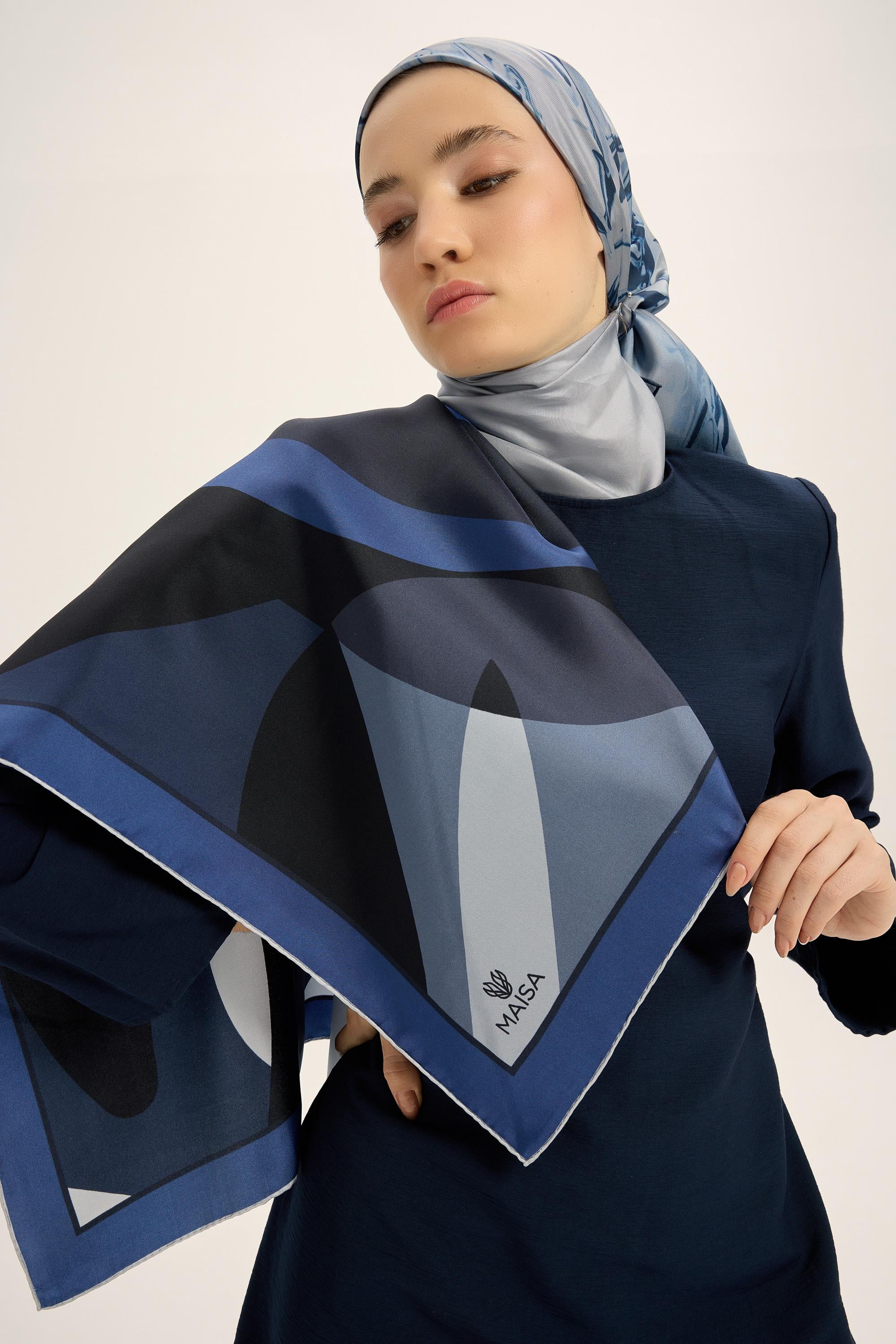 LALE TİVİL İPEK EŞARP 90*90 CM - KOYU MAVİ