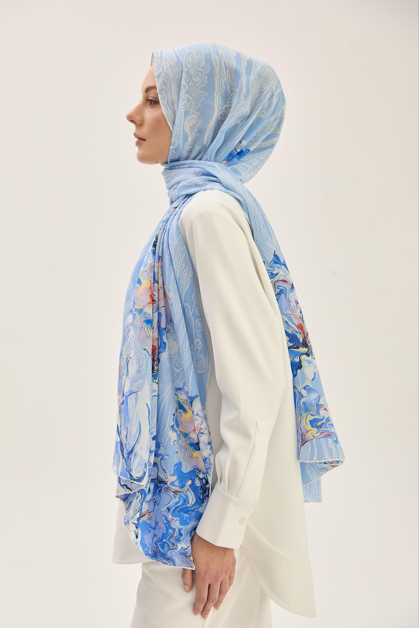 MECZ KREP İPEK ŞAL 70*190 CM - MAVİ