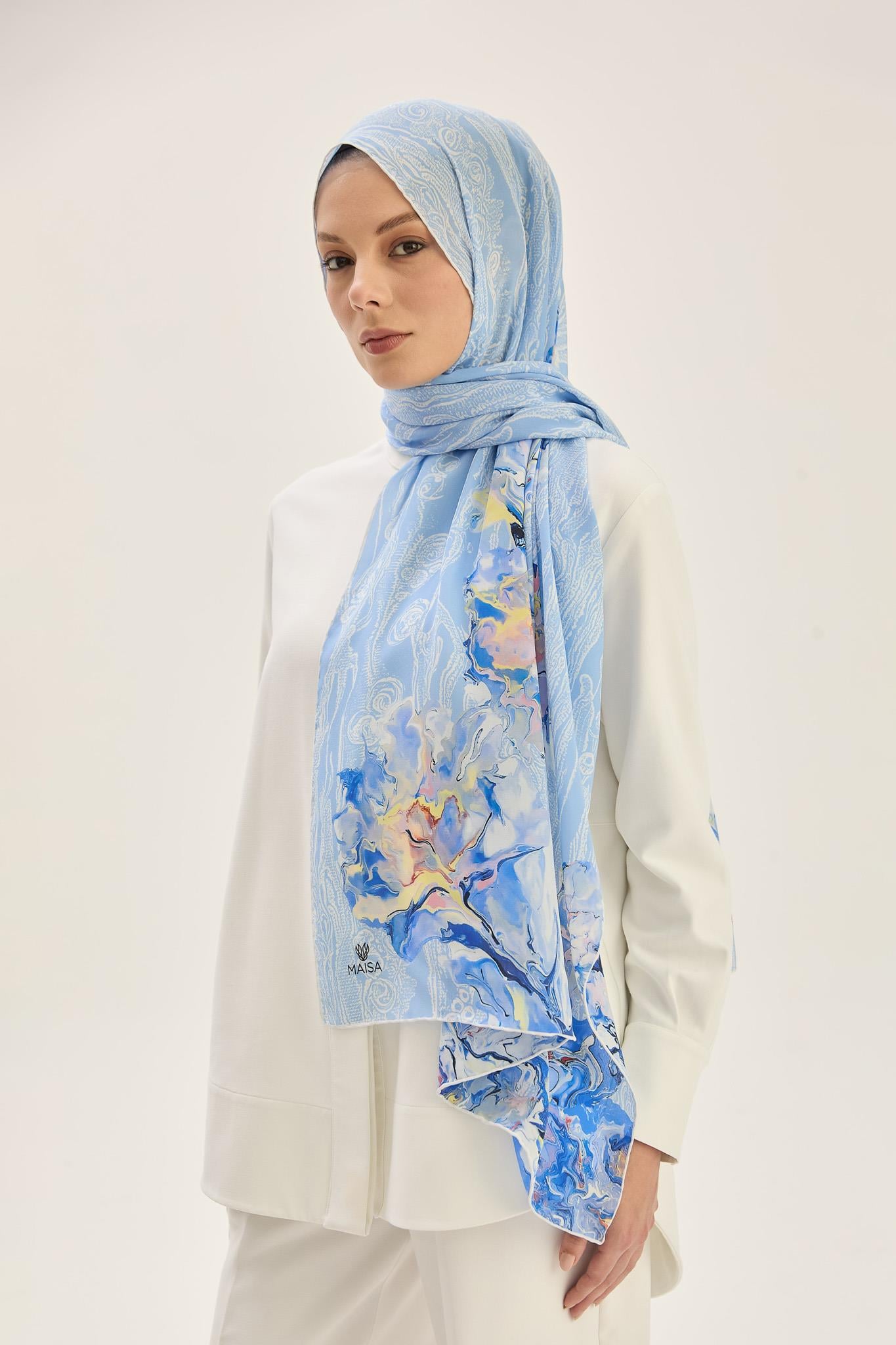 MECZ KREP İPEK ŞAL 70*190 CM - MAVİ