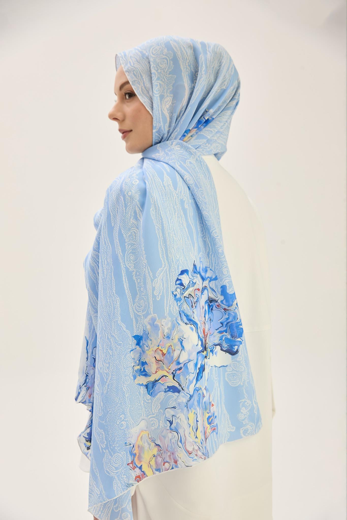 MECZ KREP İPEK ŞAL 70*190 CM - MAVİ