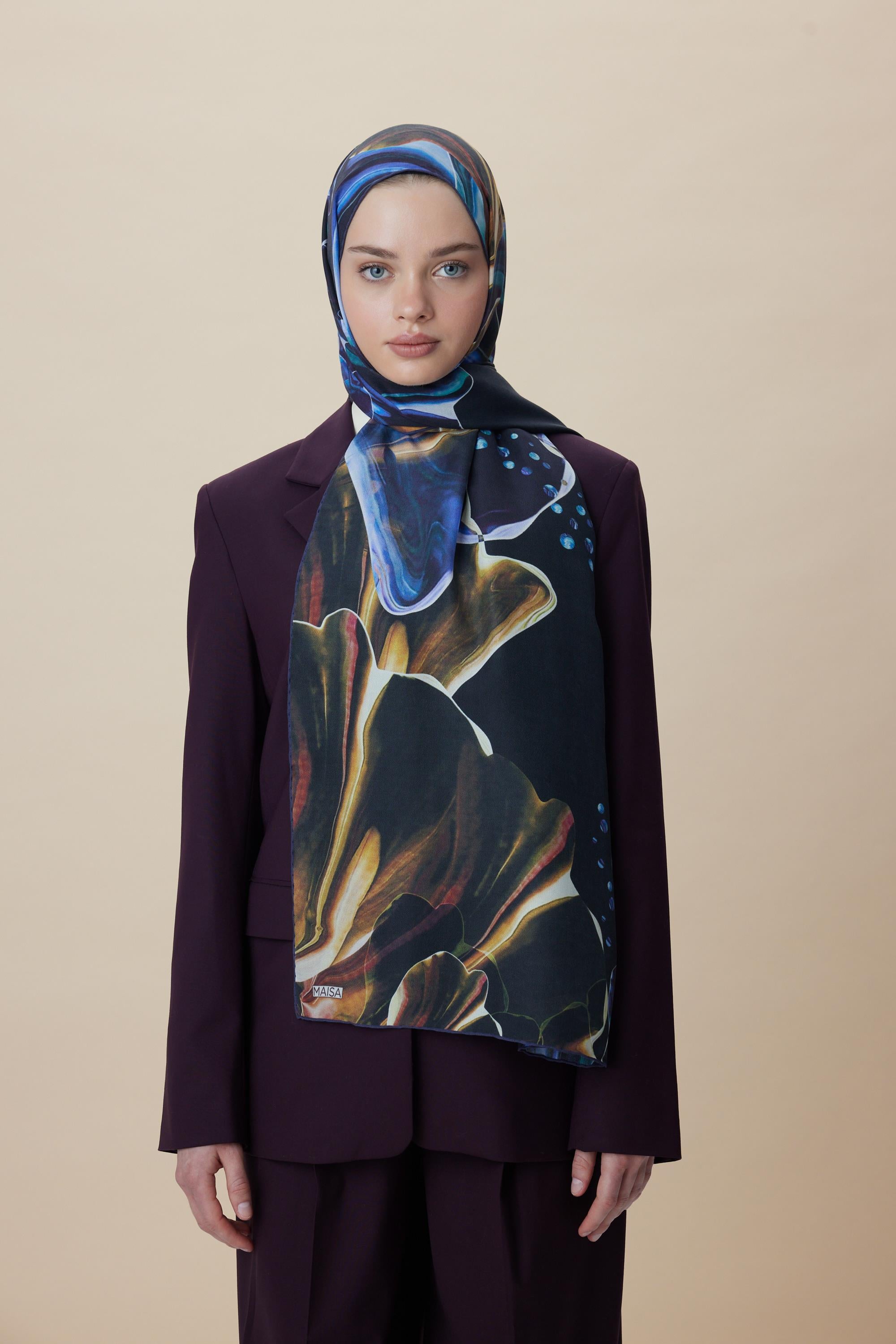MEVCE PAMUK İPEK ŞAL 70*190 CM - GOLD LACİVERT
