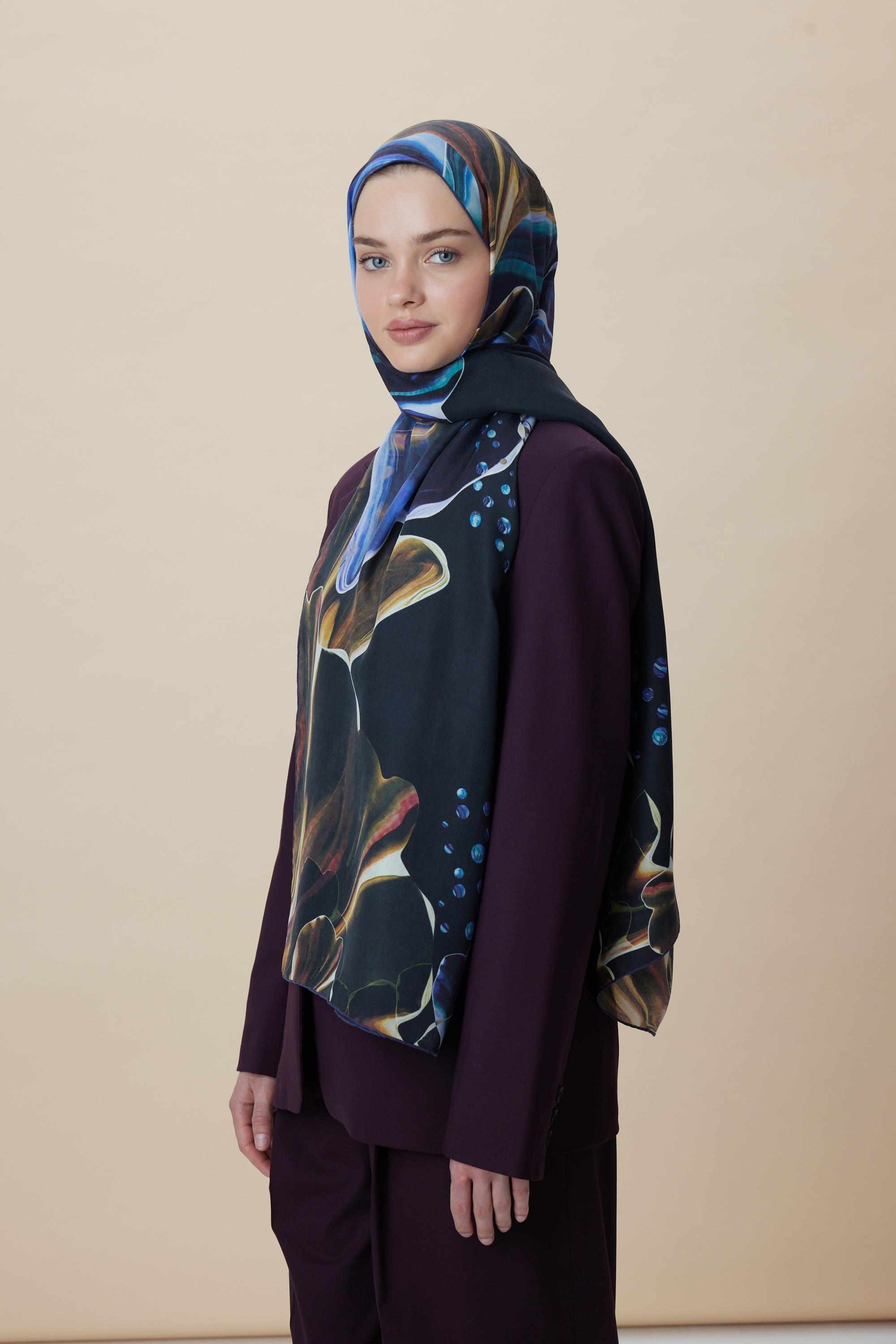 MEVCE PAMUK İPEK ŞAL 70*190 CM - GOLD LACİVERT