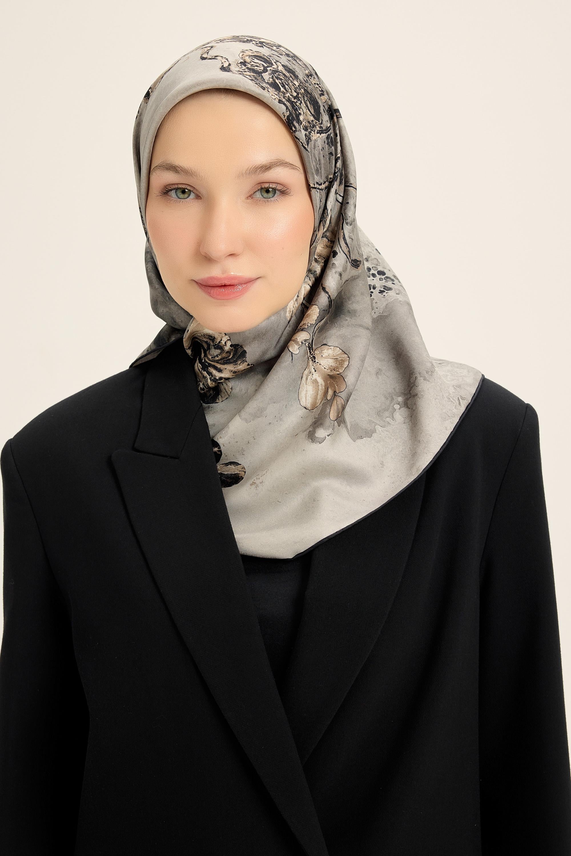 NARİN TİVİL İPEK EŞARP 90*90 CM - GRİ