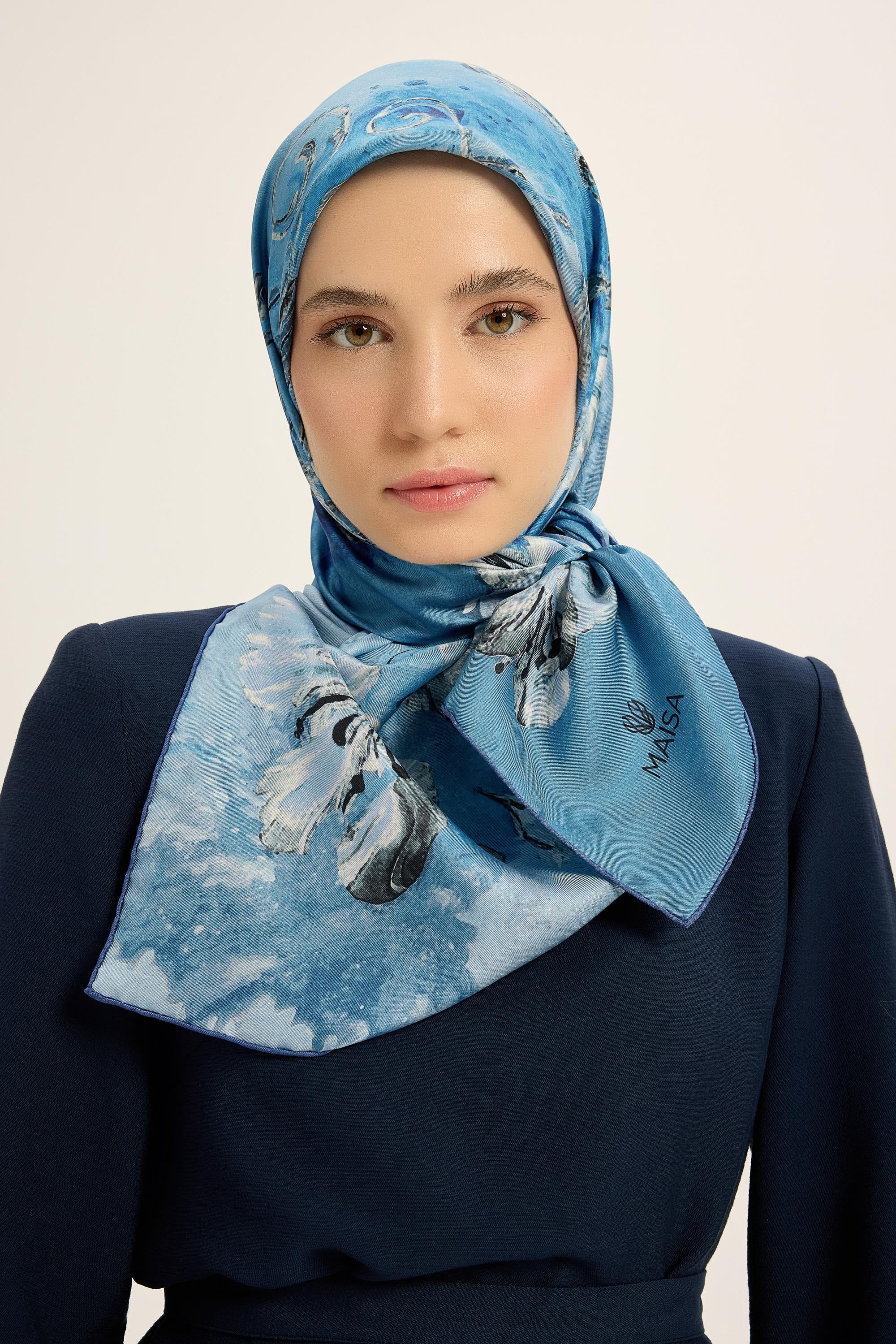 NARİN TİVİL İPEK EŞARP 90*90 CM - MAVİ