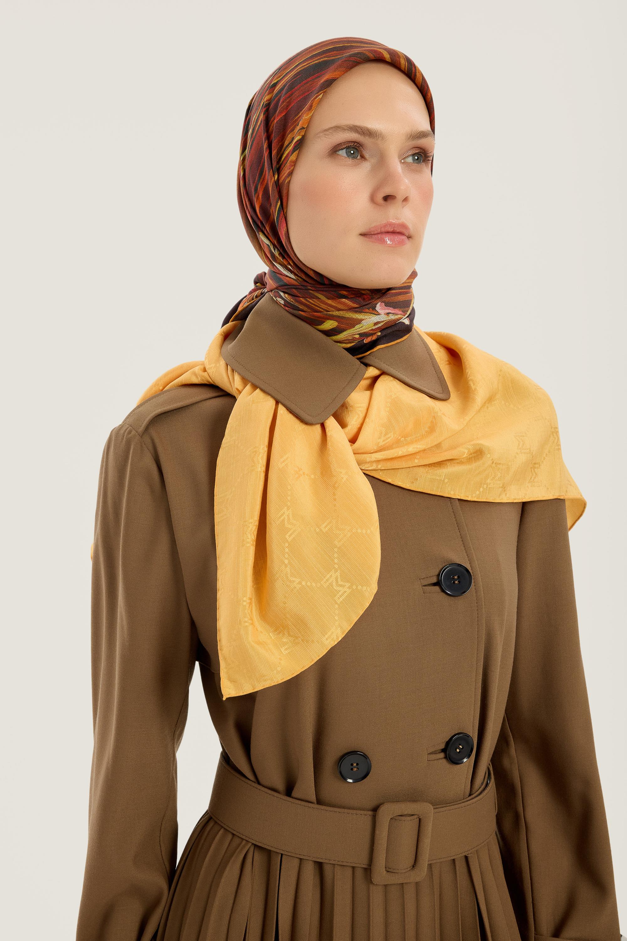 NEDA PAMUK İPEK EŞARP 90*90 CM - HARDAL