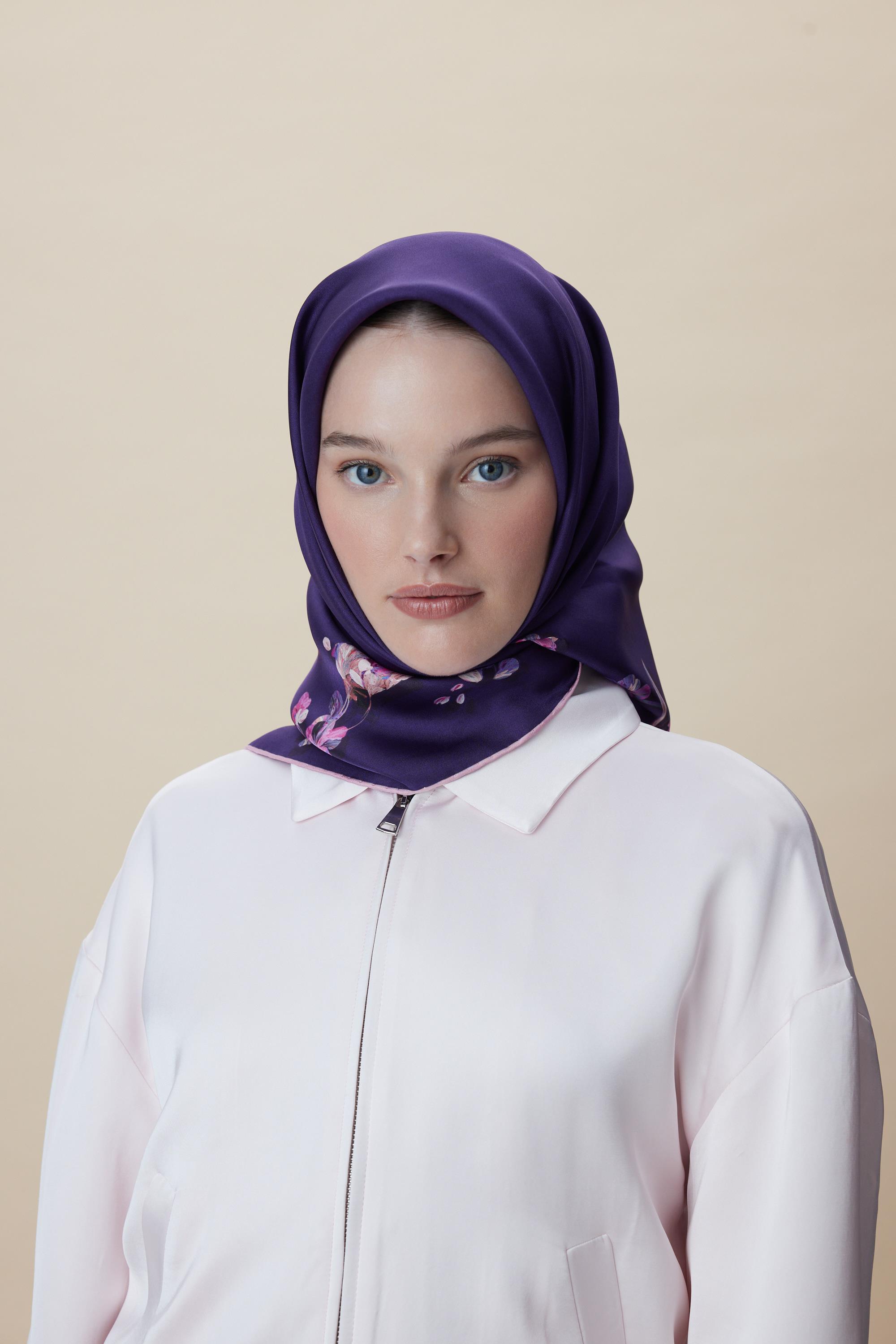 NEVA ÇİFT TARAFLI TİVİL İPEK EŞARP 90*90 CM - MOR