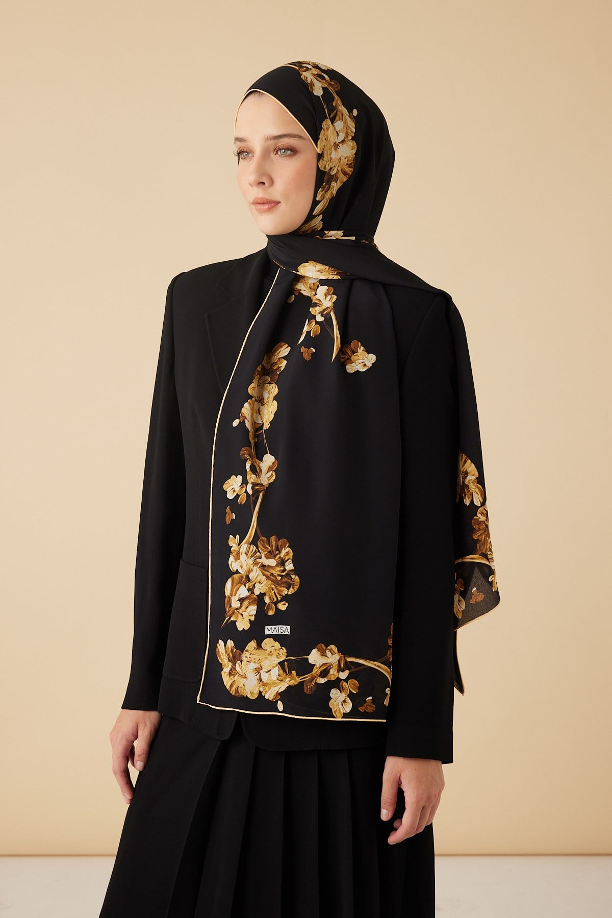NEVA KREP İPEK ŞAL 70*190 CM - GOLD SİYAH