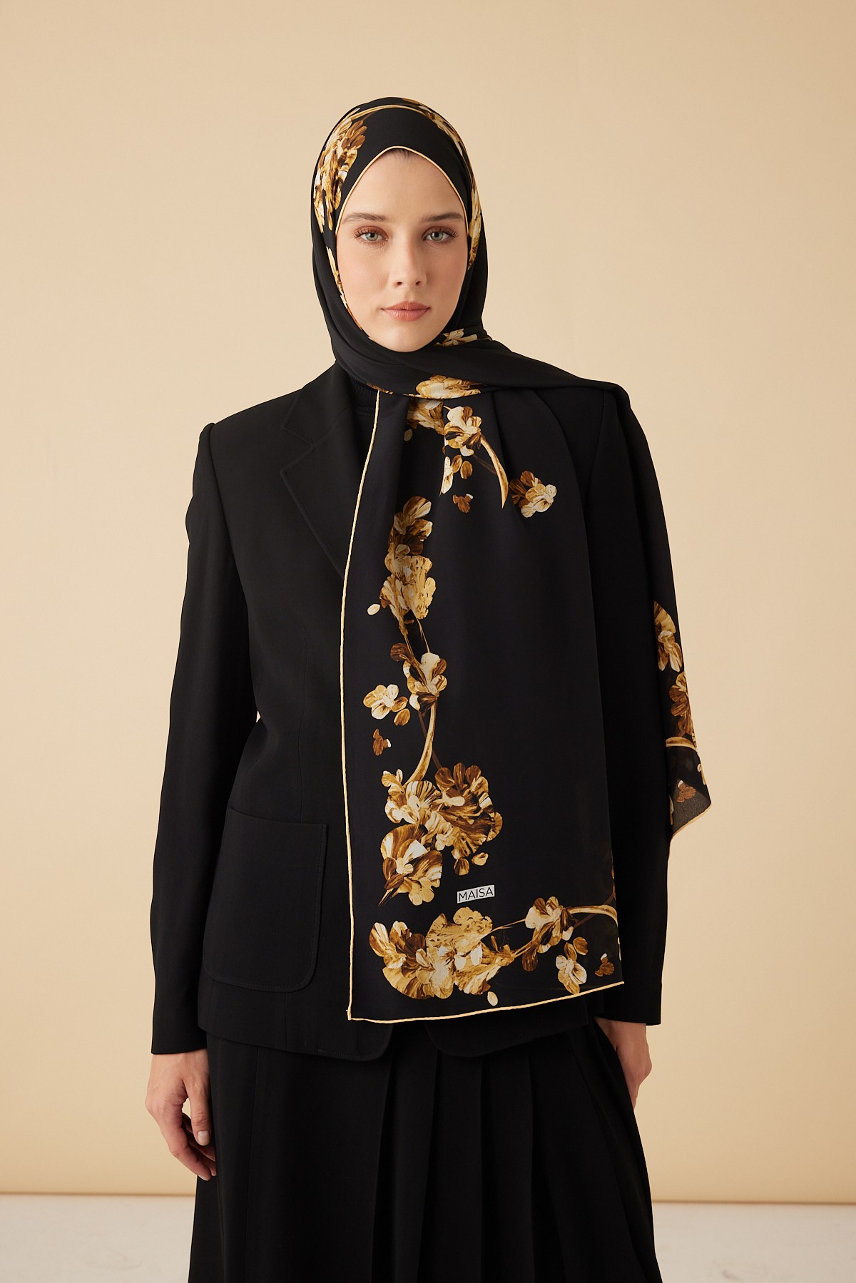 NEVA KREP İPEK ŞAL 70*190 CM - GOLD SİYAH