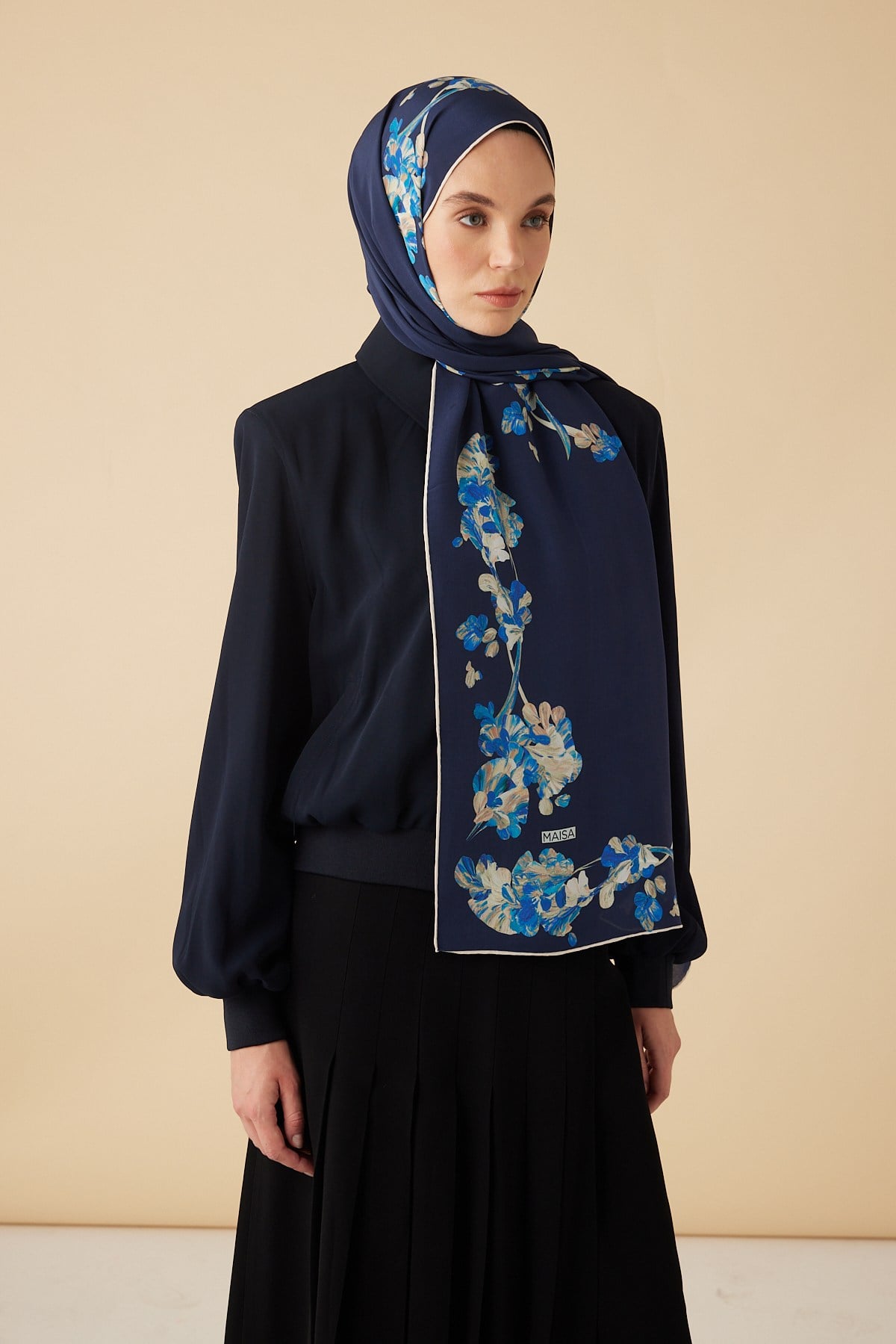 NEVA KREP İPEK ŞAL 70*190 CM - LACİVERT