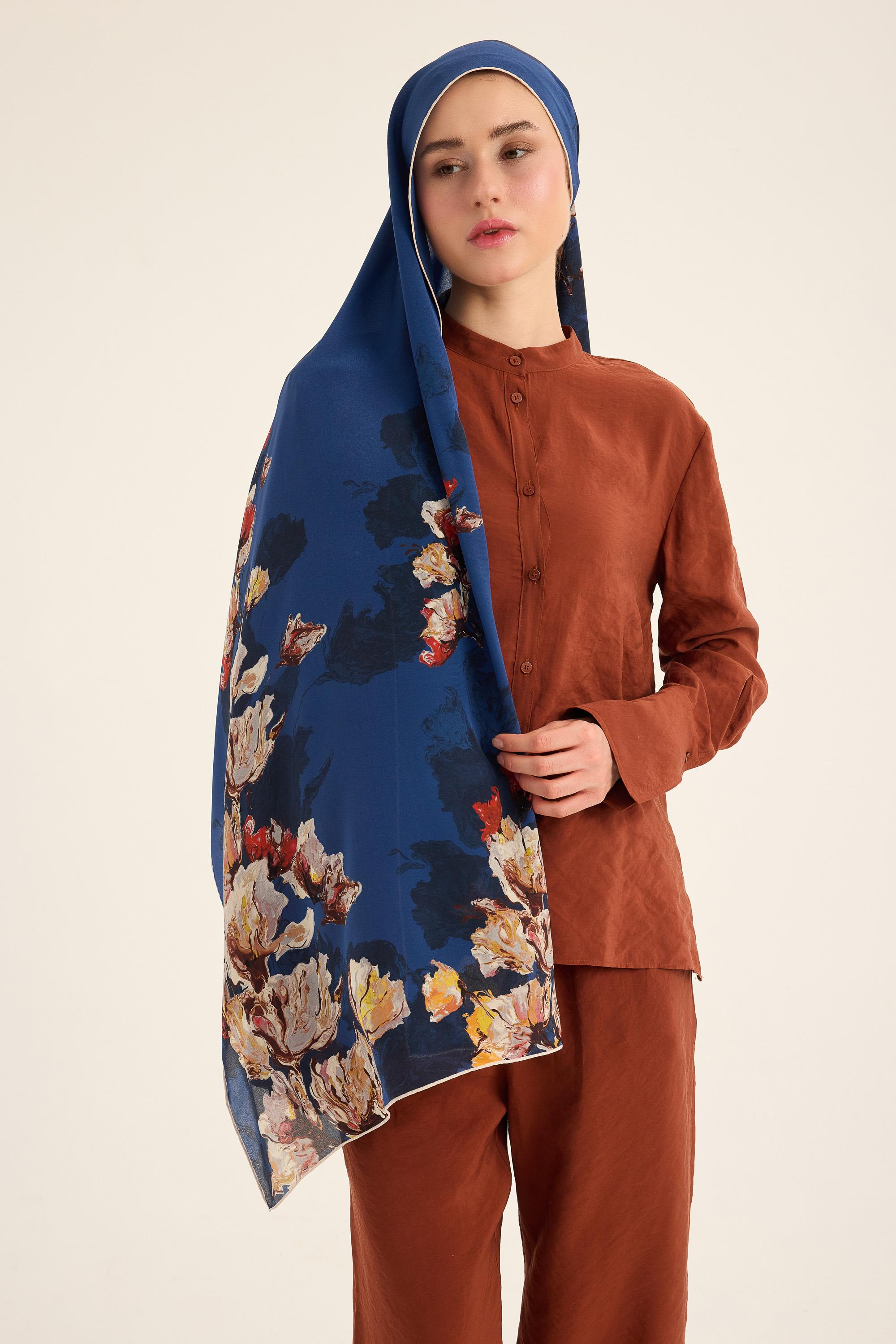 NEVBAHAR KREP İPEK ŞAL 70*190 CM - MAVİ