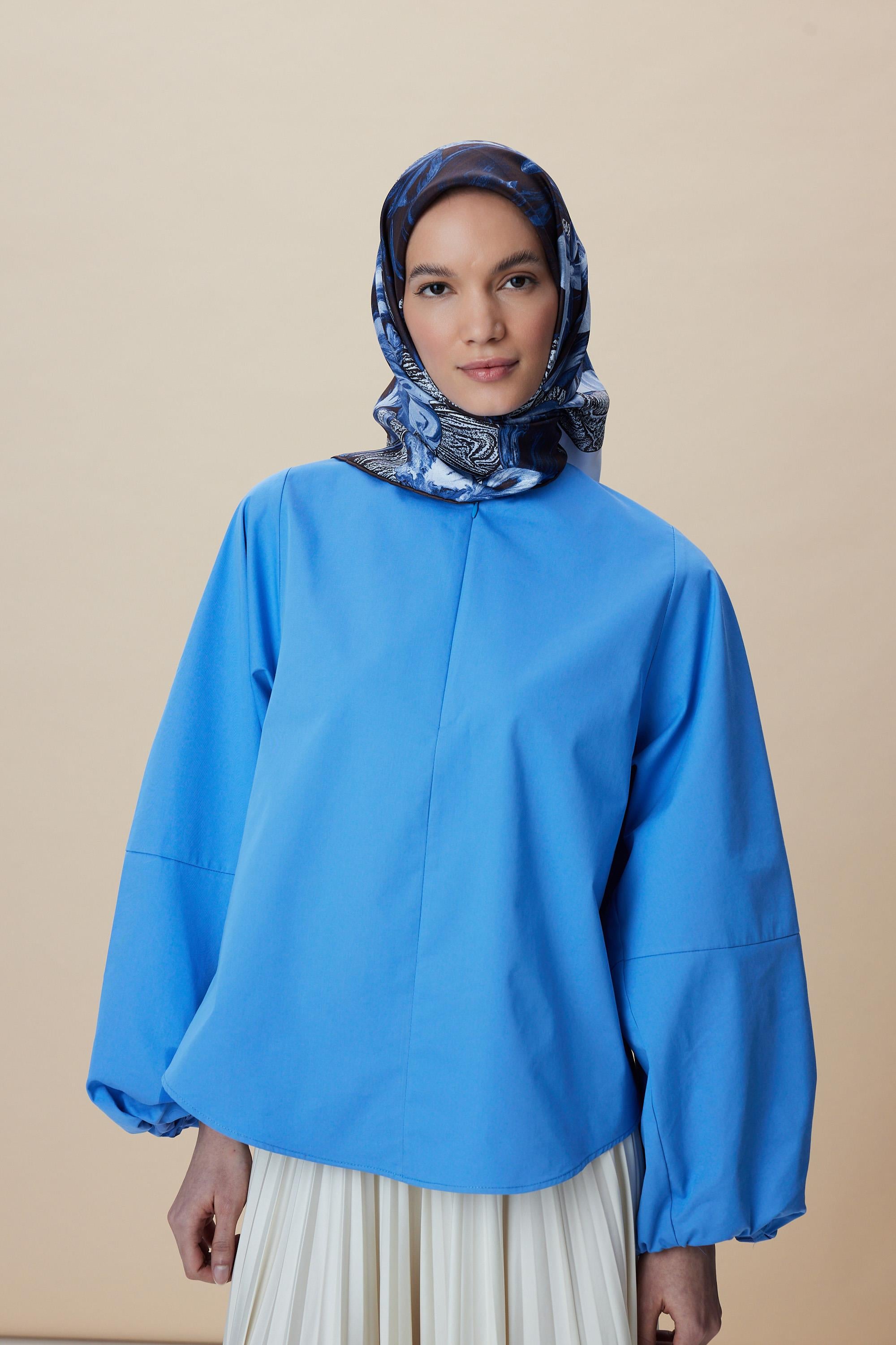 NÜVE TİVİL İPEK EŞARP 90*90 CM - MAVİ KAHVE