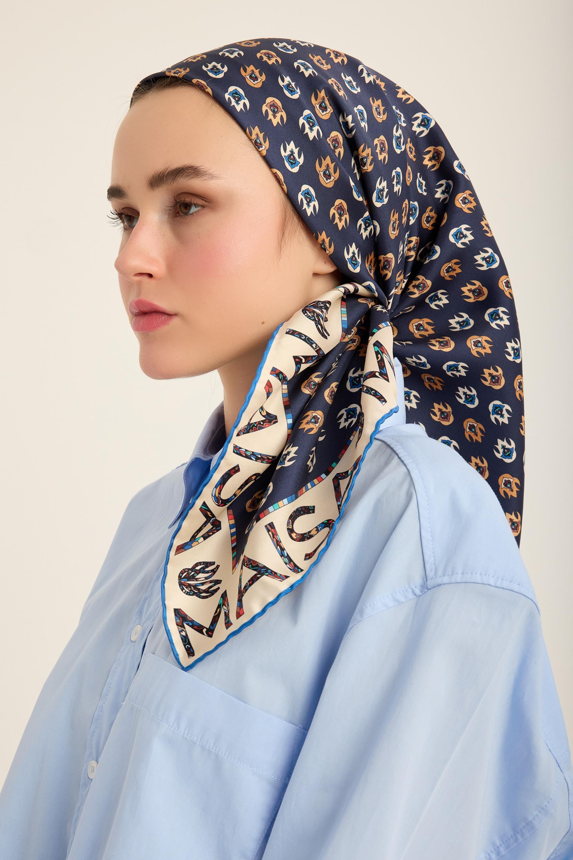 PARE TİVİL İPEK EŞARP 90*90 CM - KOYU MAVİ