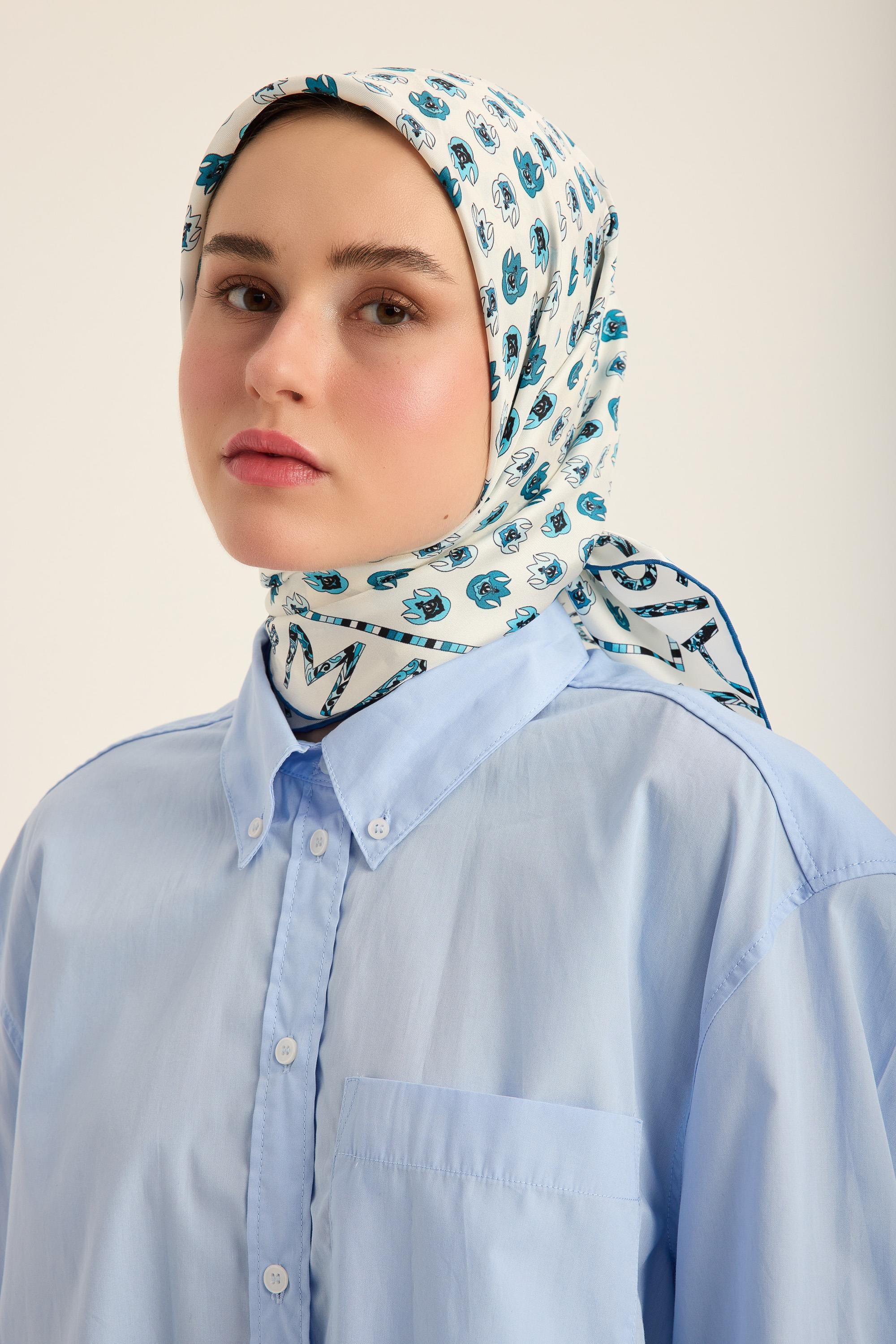 PARE TİVİL İPEK EŞARP 90*90 CM - MAVİ