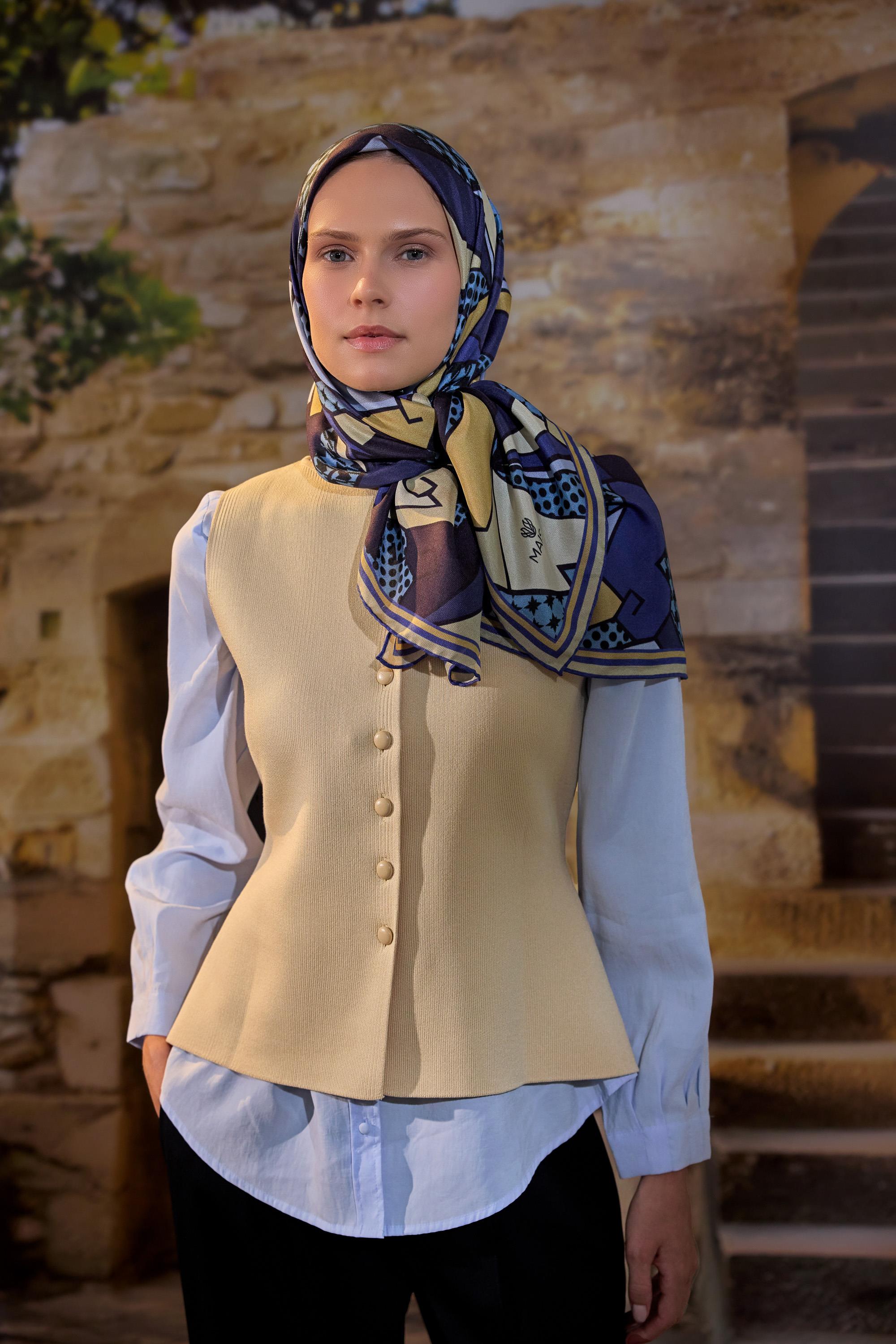 PEYDA PAMUK İPEK EŞARP 100*100 CM - MAVİ