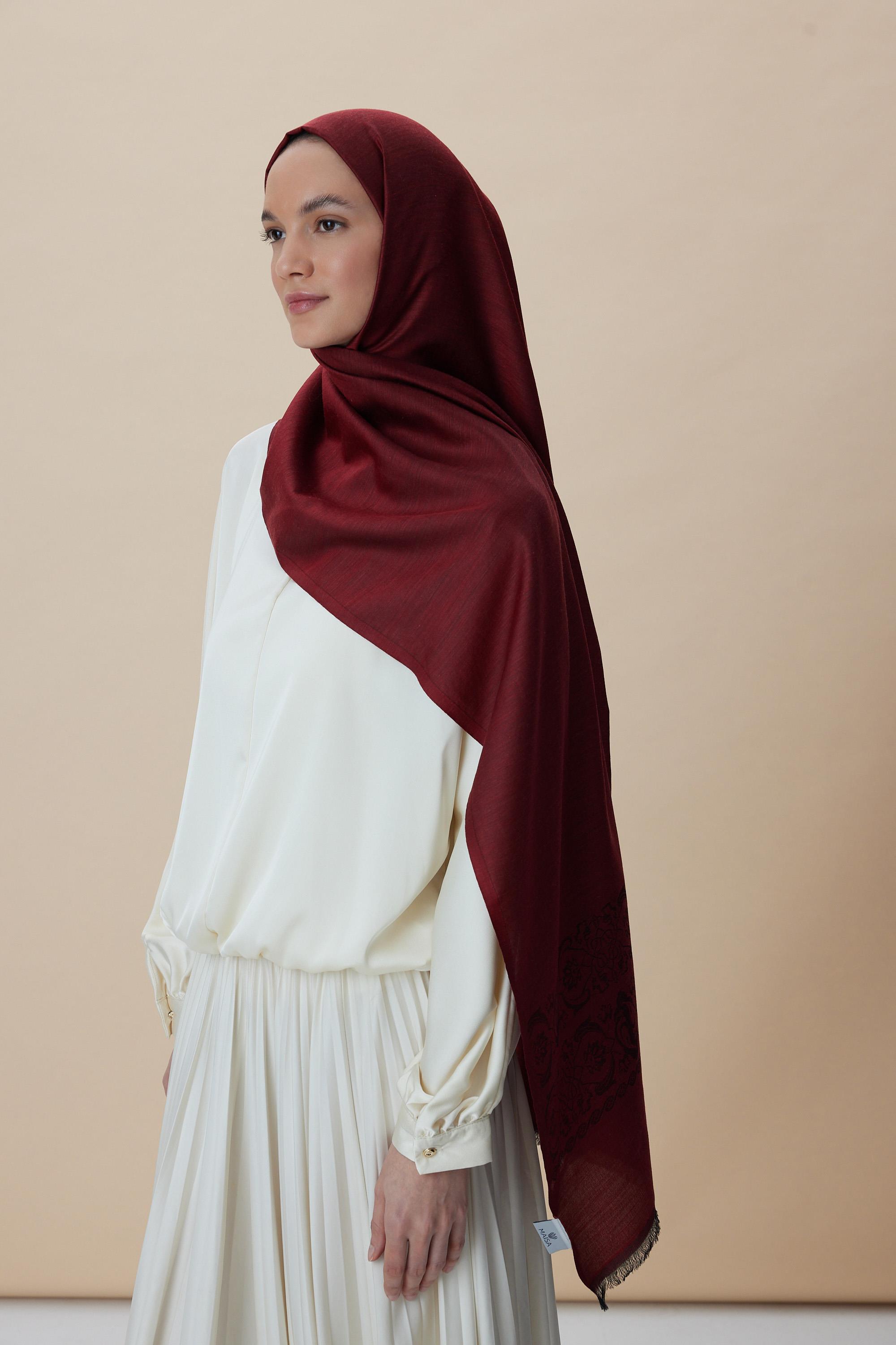 SIRMA YÜN İPEK JAKARLI ŞAL 70*200 CM - BORDO