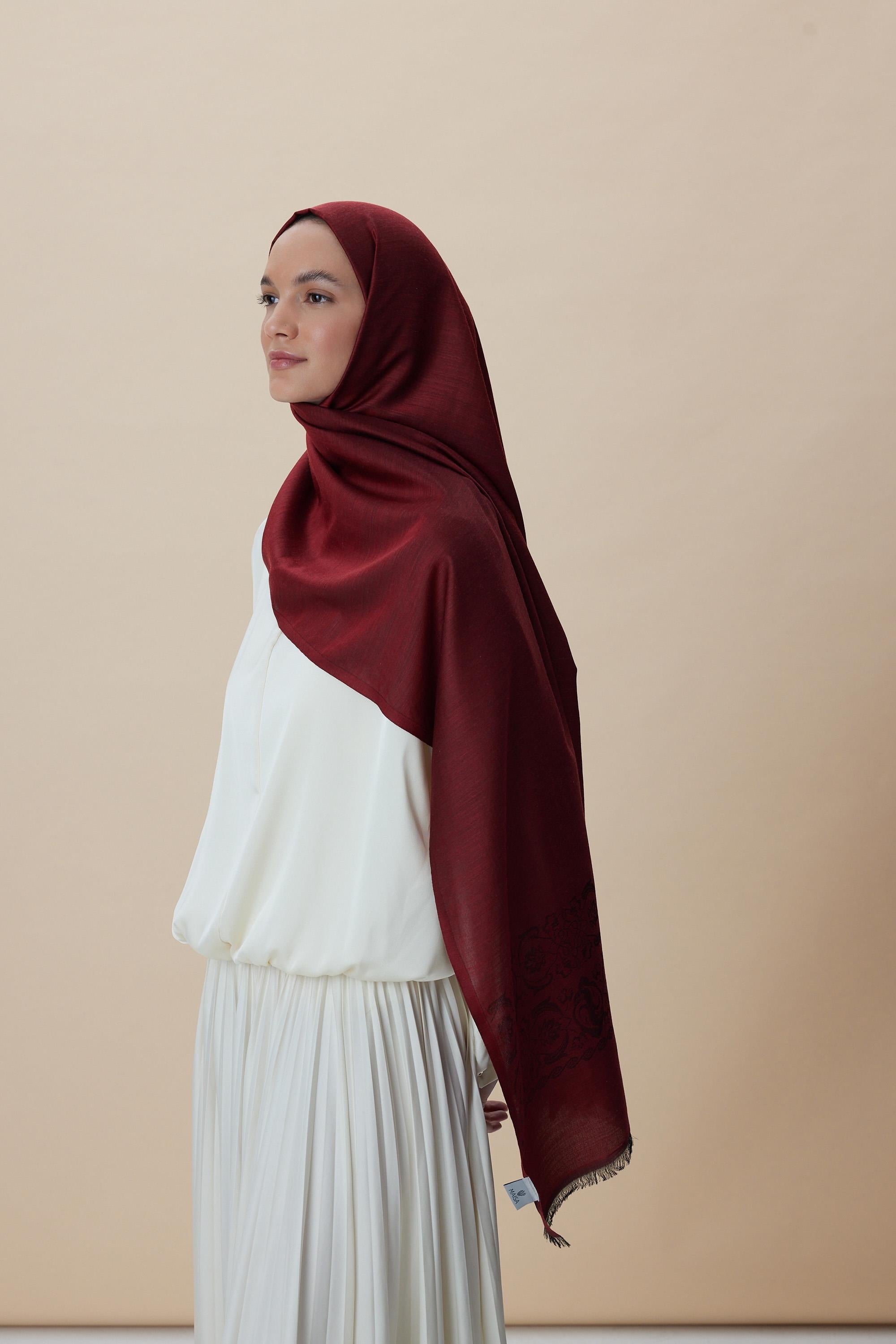 SIRMA YÜN İPEK JAKARLI ŞAL 70*200 CM - BORDO