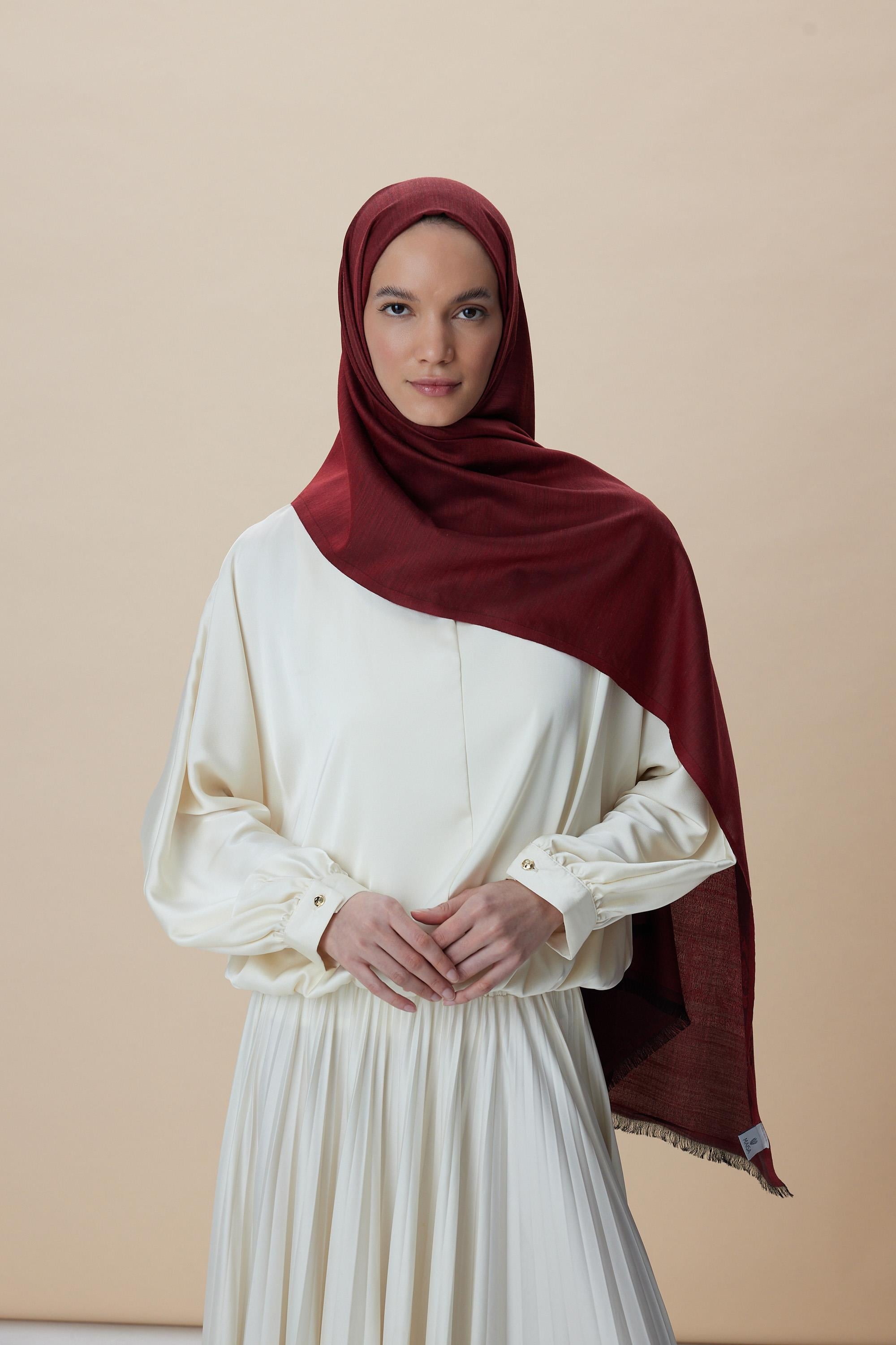 SIRMA YÜN İPEK JAKARLI ŞAL 70*200 CM - BORDO