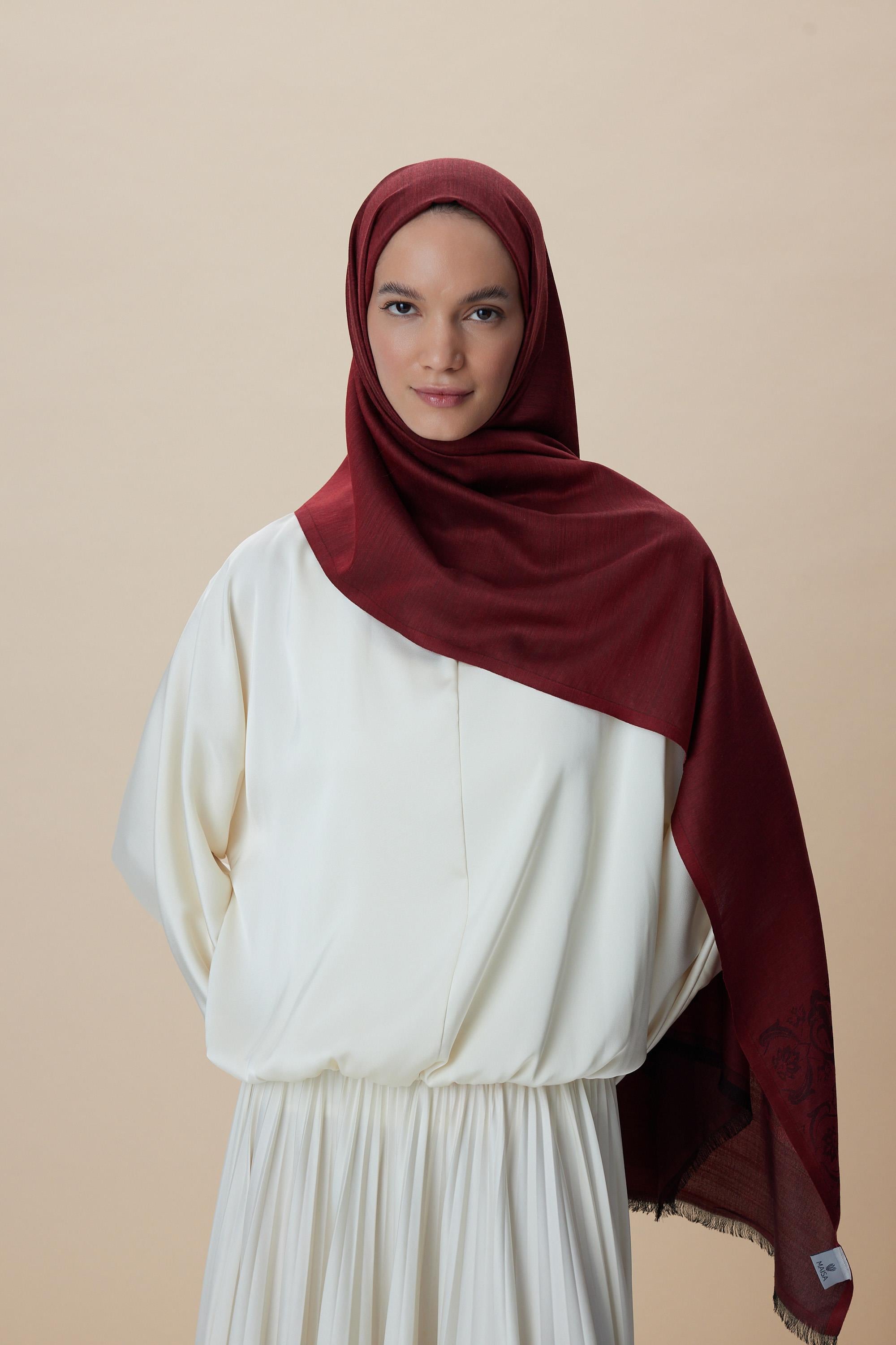 SIRMA YÜN İPEK JAKARLI ŞAL 70*200 CM - BORDO