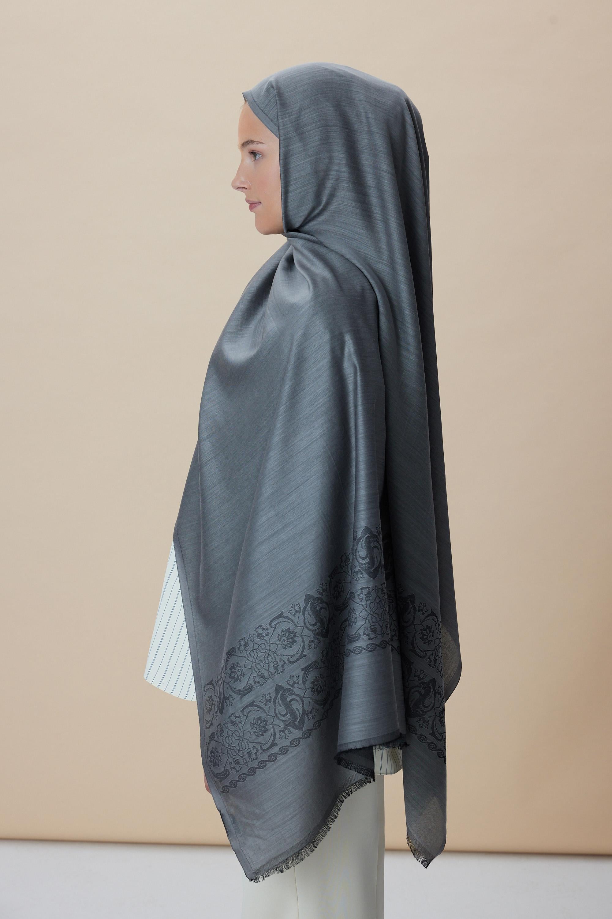 SIRMA YÜN İPEK JAKARLI ŞAL 70*200 CM - FÜME