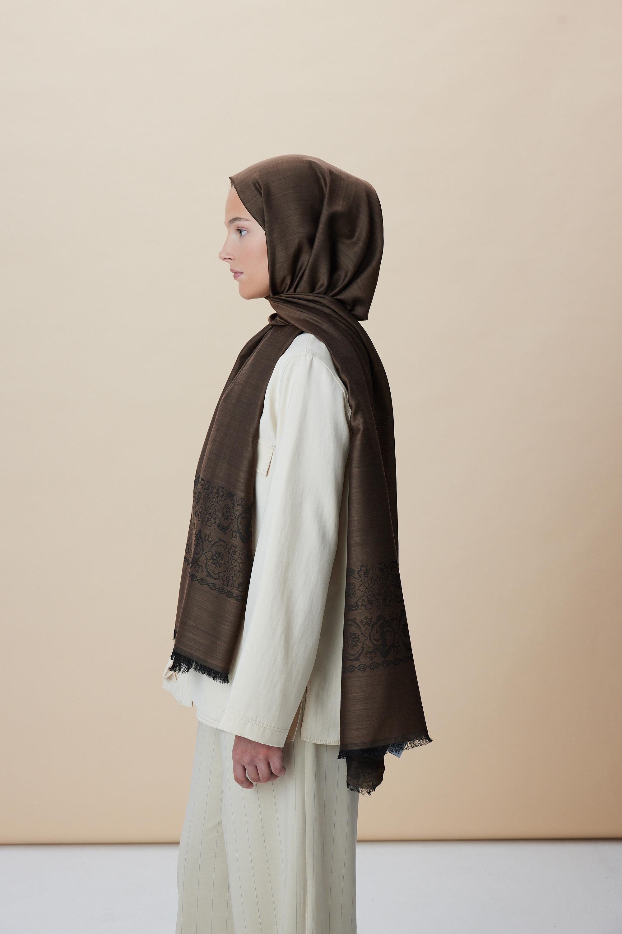 SIRMA YÜN İPEK JAKARLI ŞAL 70*200 CM - KAHVERENGİ