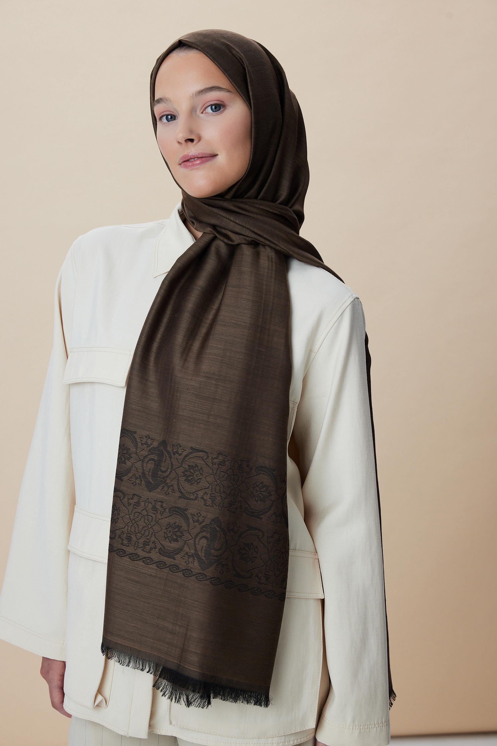 SIRMA YÜN İPEK JAKARLI ŞAL 70*200 CM - KAHVERENGİ