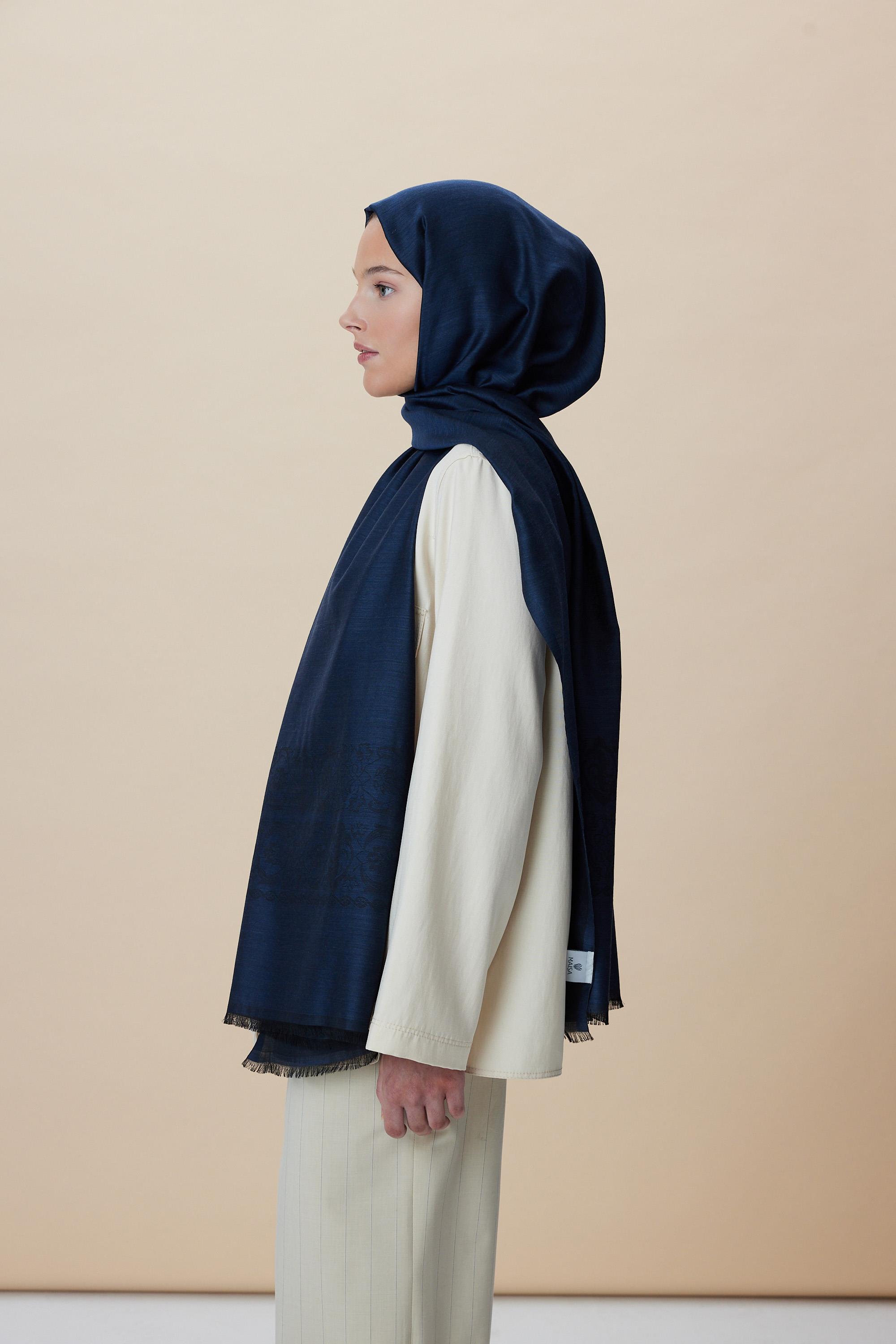 SIRMA YÜN İPEK JAKARLI ŞAL 70*200 CM - LACİVERT
