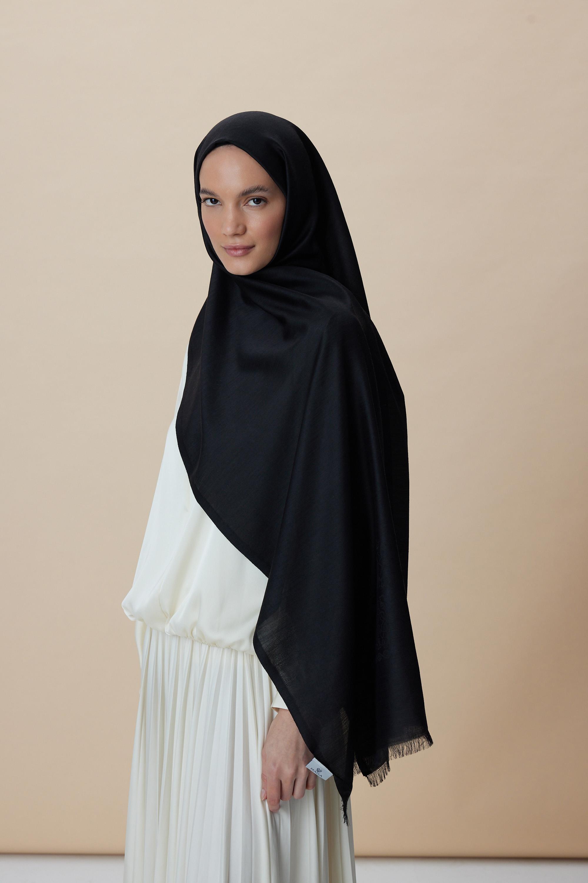 SIRMA YÜN İPEK JAKARLI ŞAL 70*200 CM - SİYAH