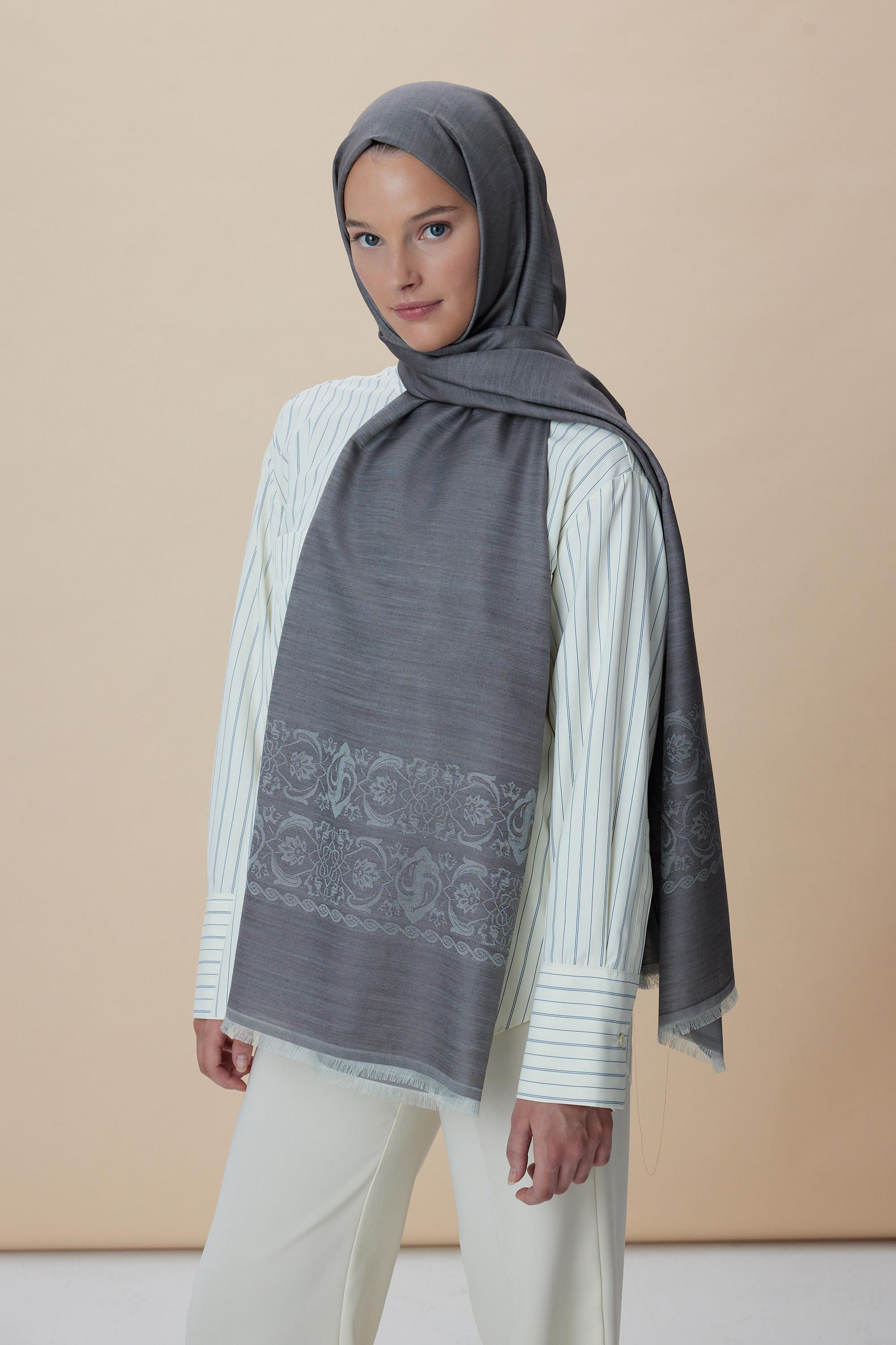 SIRMA YÜN İPEK JAKARLI ŞAL 70*200 CM - VİZON