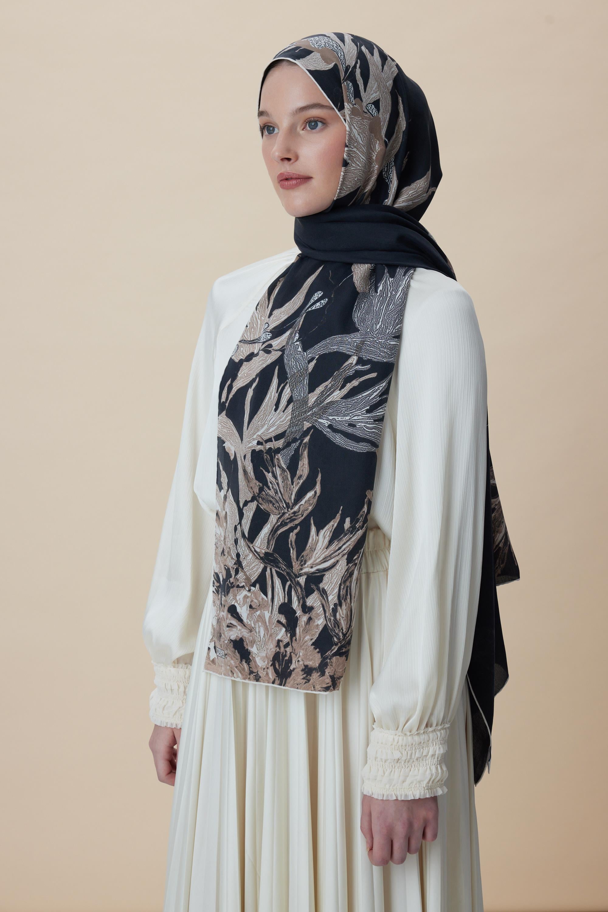 SİTARE PAMUK İPEK ŞAL 70*190 CM - SİYAH BEJ