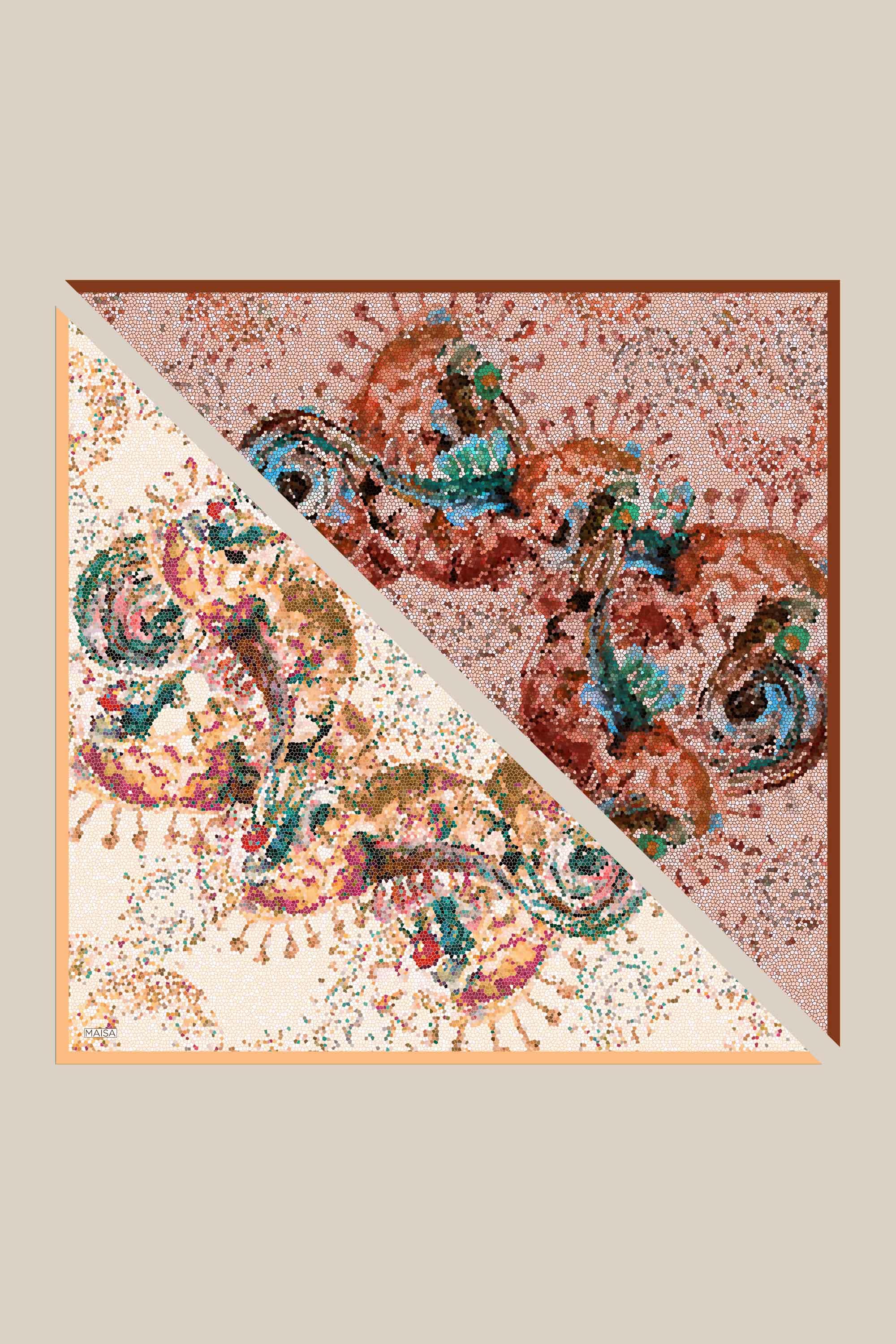 SU MASALI ÇİFT TARAFLI TİVİL İPEK EŞARP 90*90 CM - YAVRUAĞZI