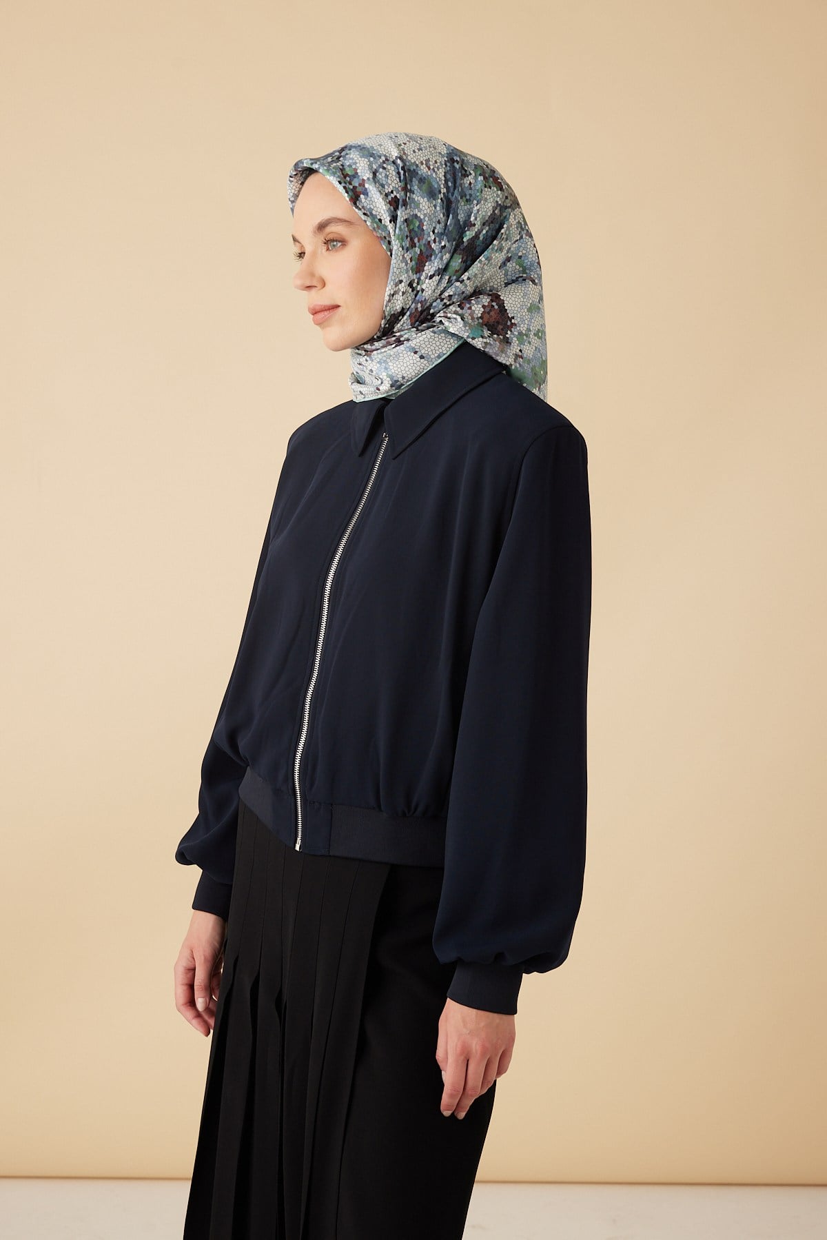 SU MASALI TİVİL İPEK EŞARP 90*90 CM - AÇIK MAVİ