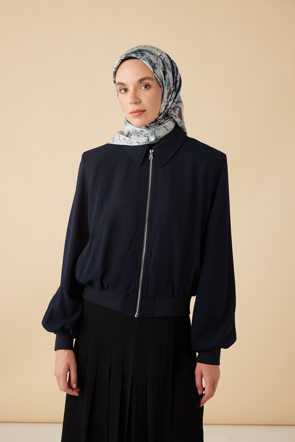 SU MASALI TİVİL İPEK EŞARP 90*90 CM - AÇIK MAVİ