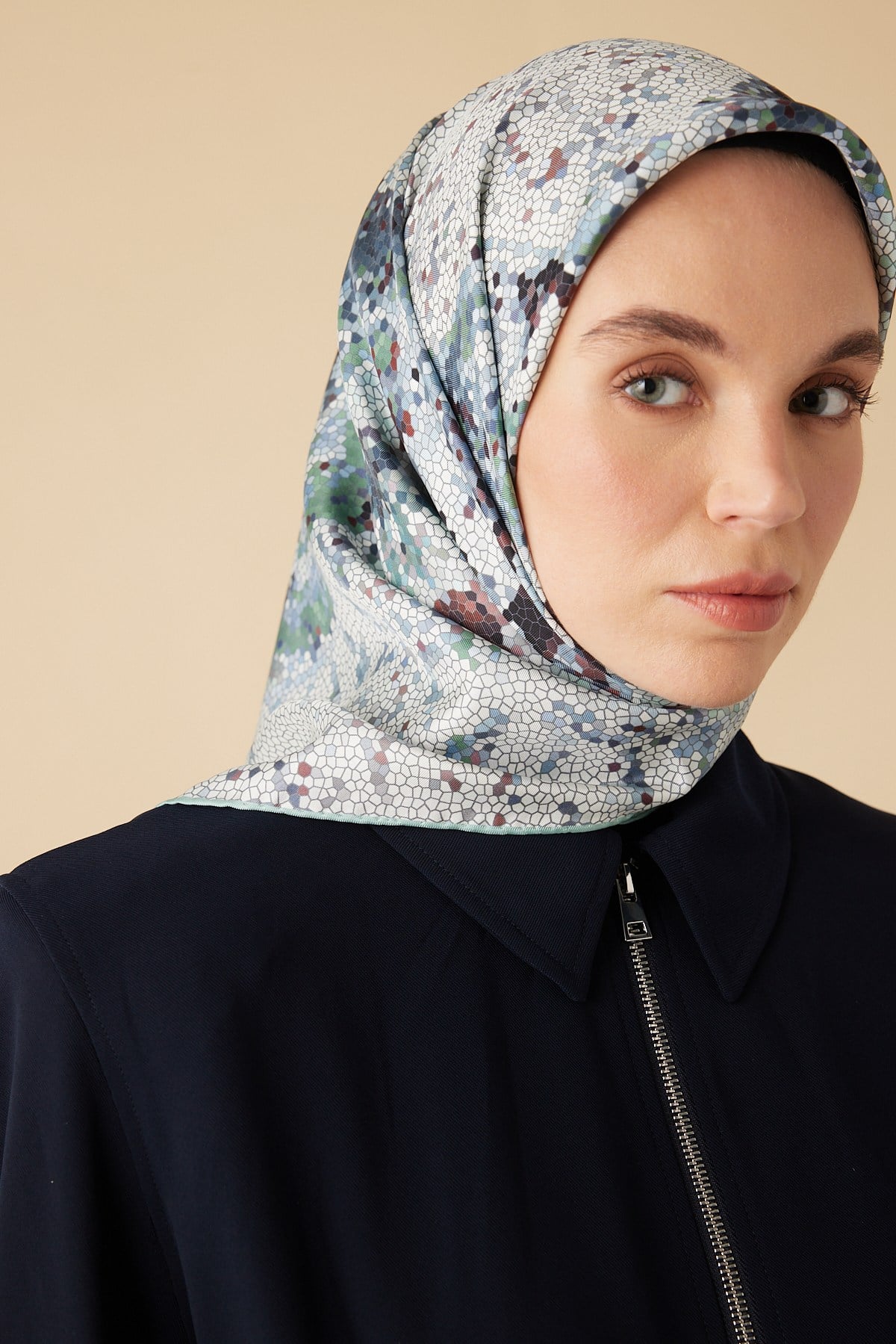 SU MASALI TİVİL İPEK EŞARP 90*90 CM - AÇIK MAVİ