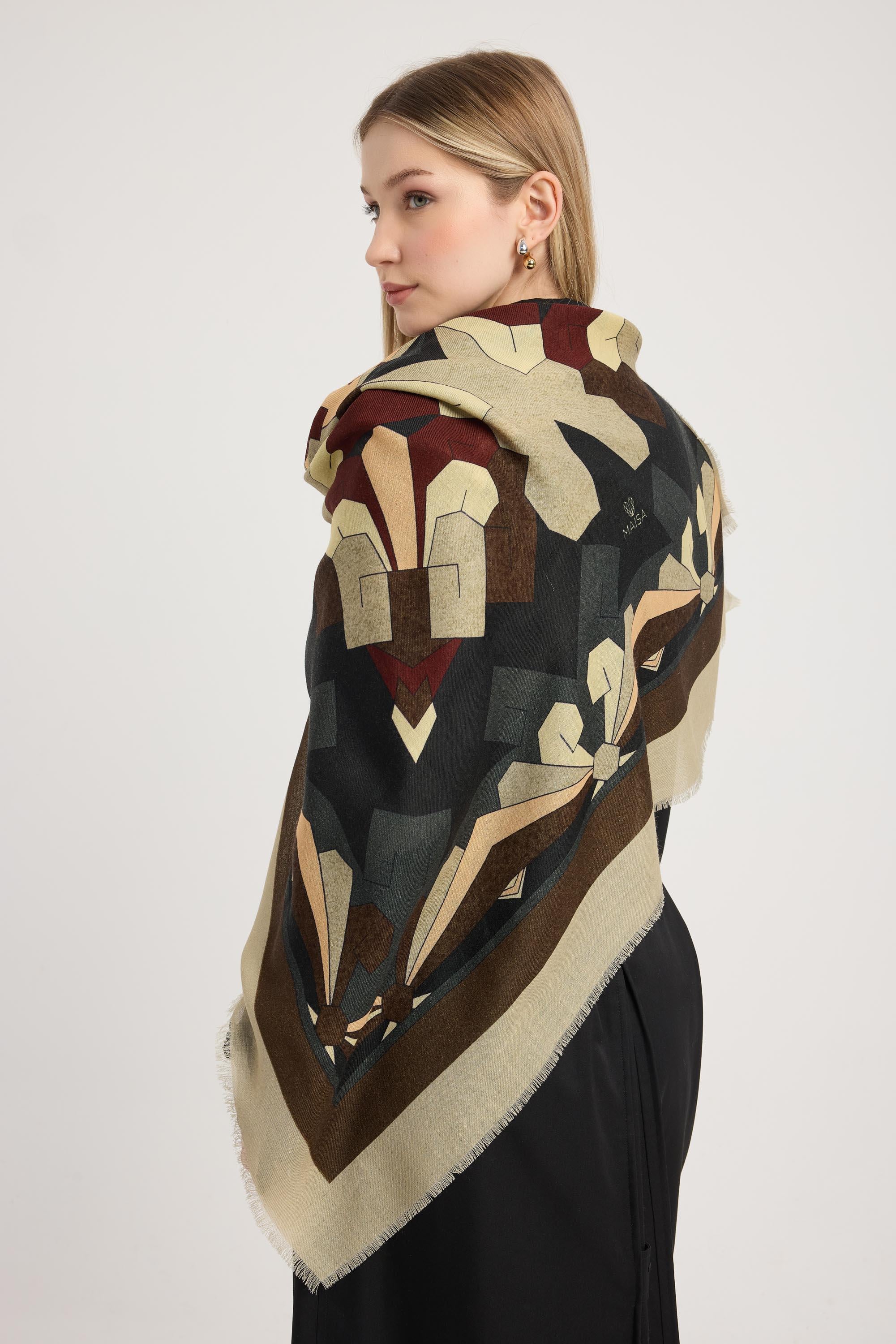 TARA YÜN İPEK EŞARP 110*110 CM - KAHVERENGİ