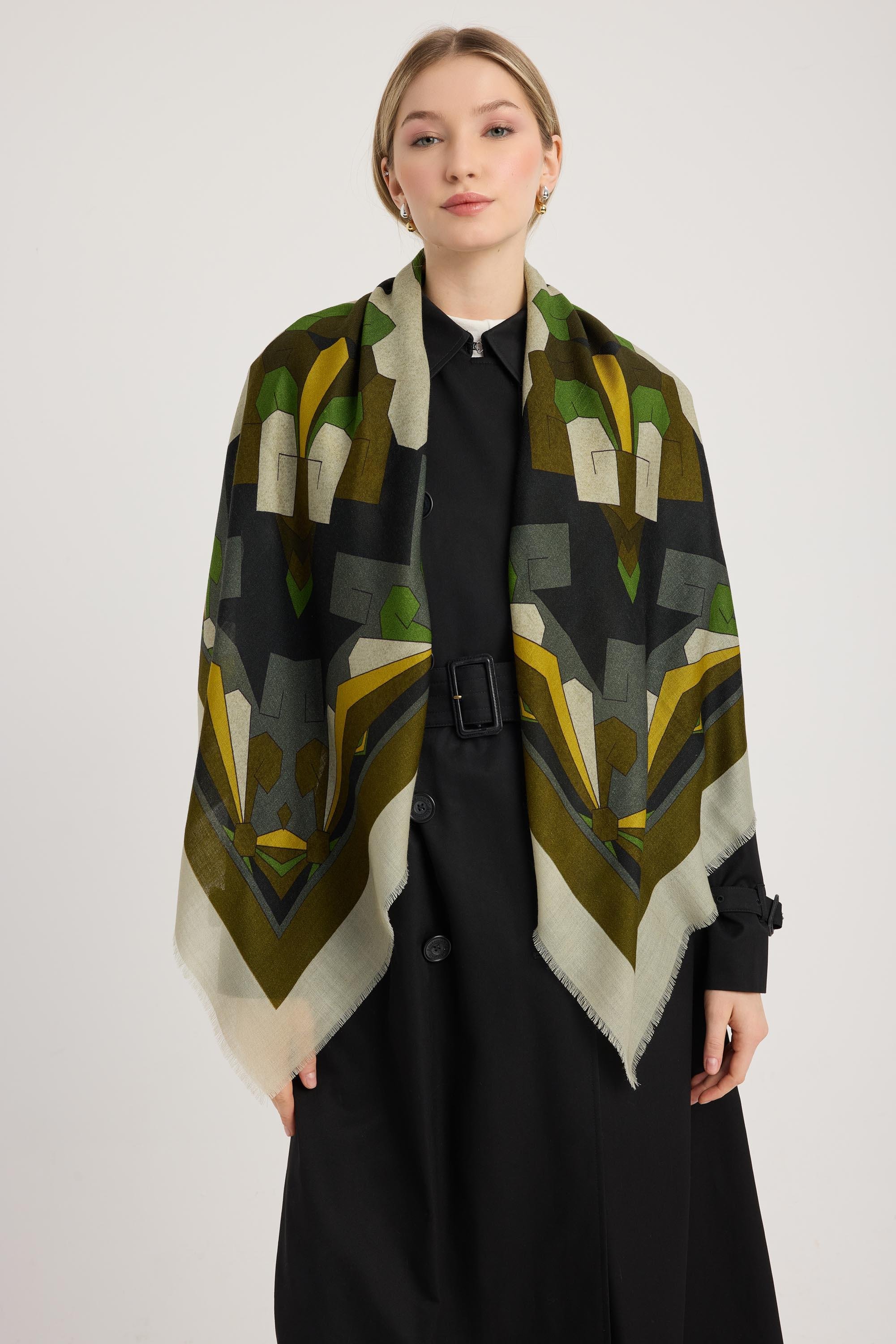 TARA YÜN İPEK EŞARP 110*110 CM - YEŞİL