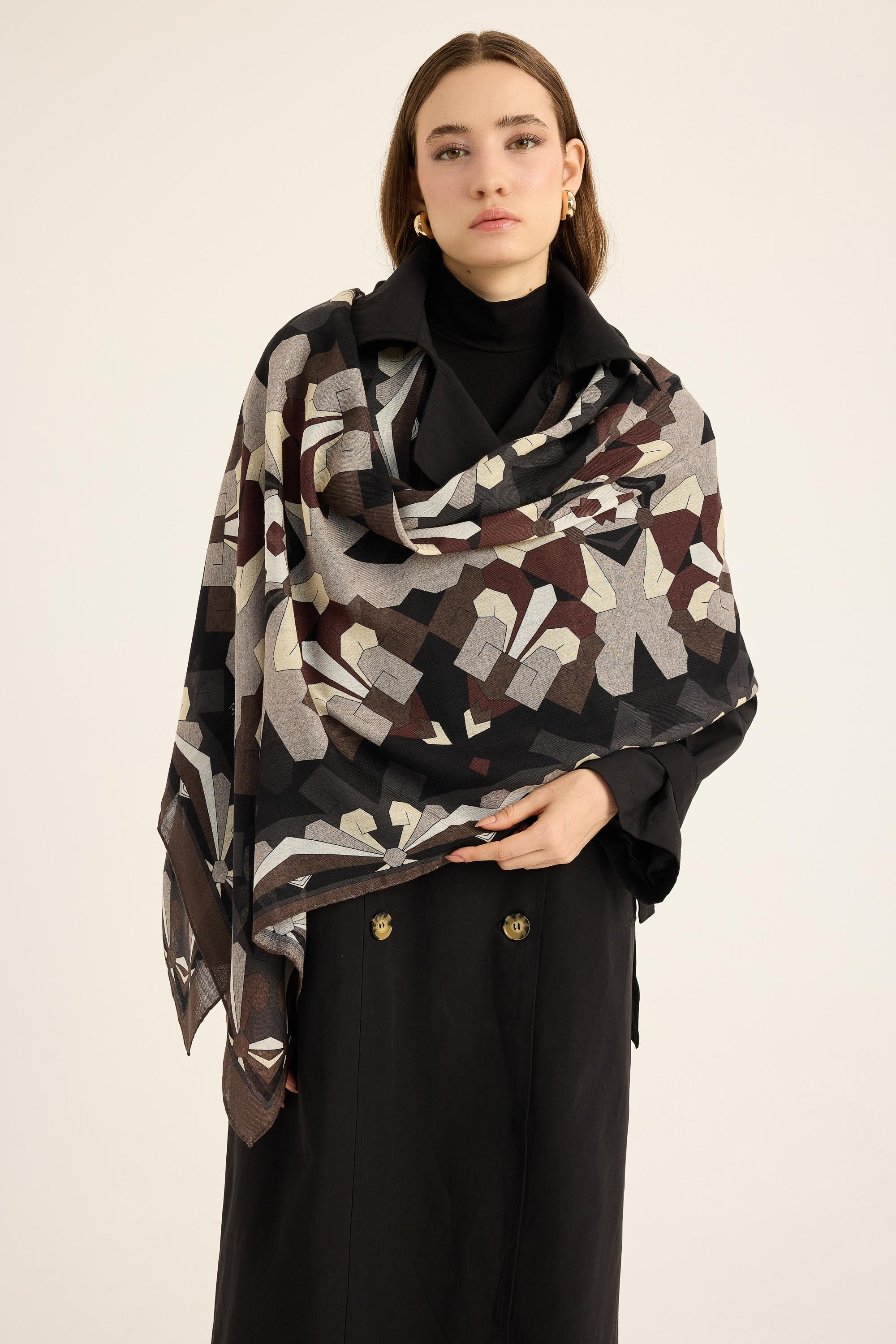 TARA YÜN İPEK KAŞMİR ŞAL 70*200 CM - KAHVERENGİ