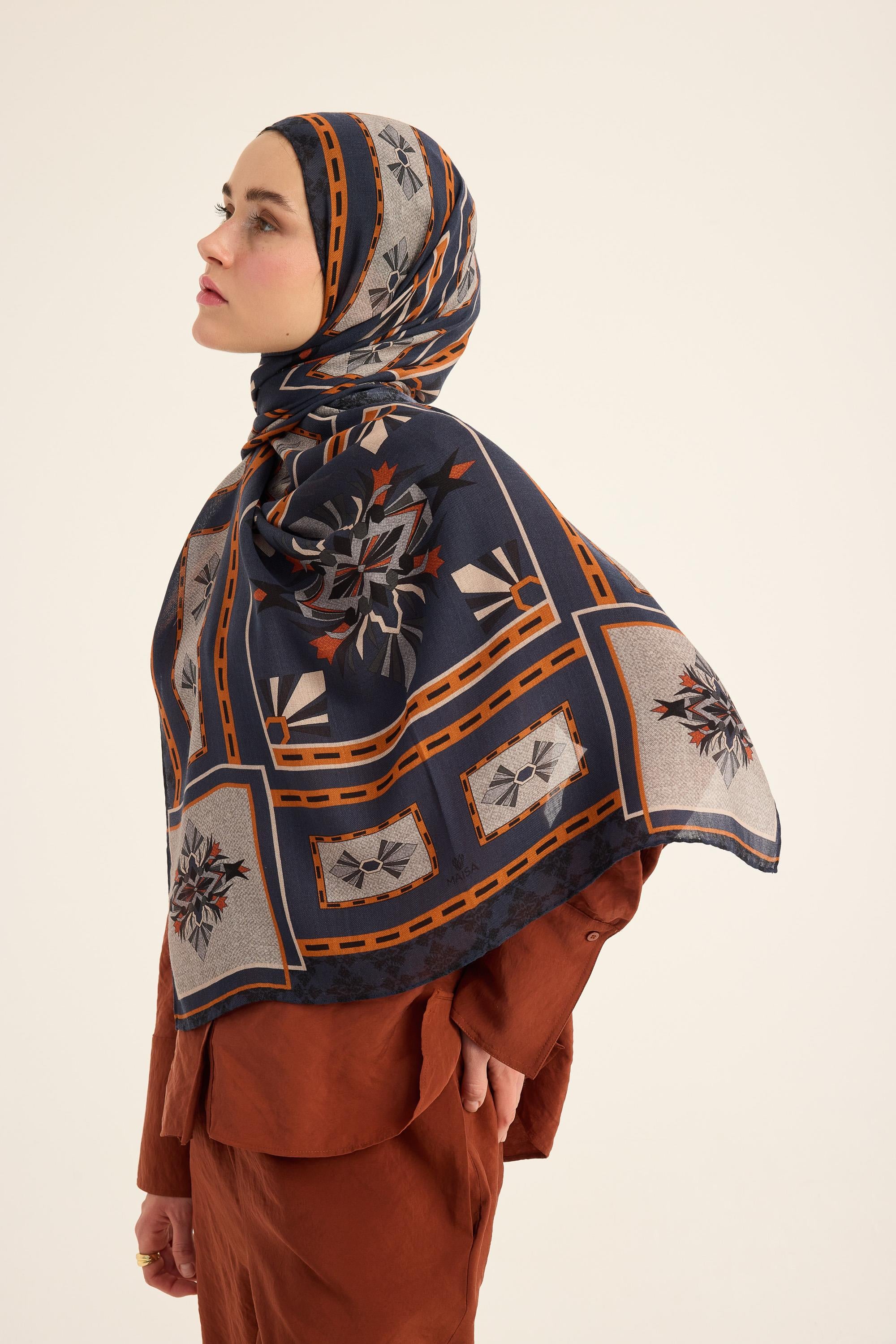 TUSEM YÜN İPEK KAŞMİR ŞAL 70*200 CM - MAVİ