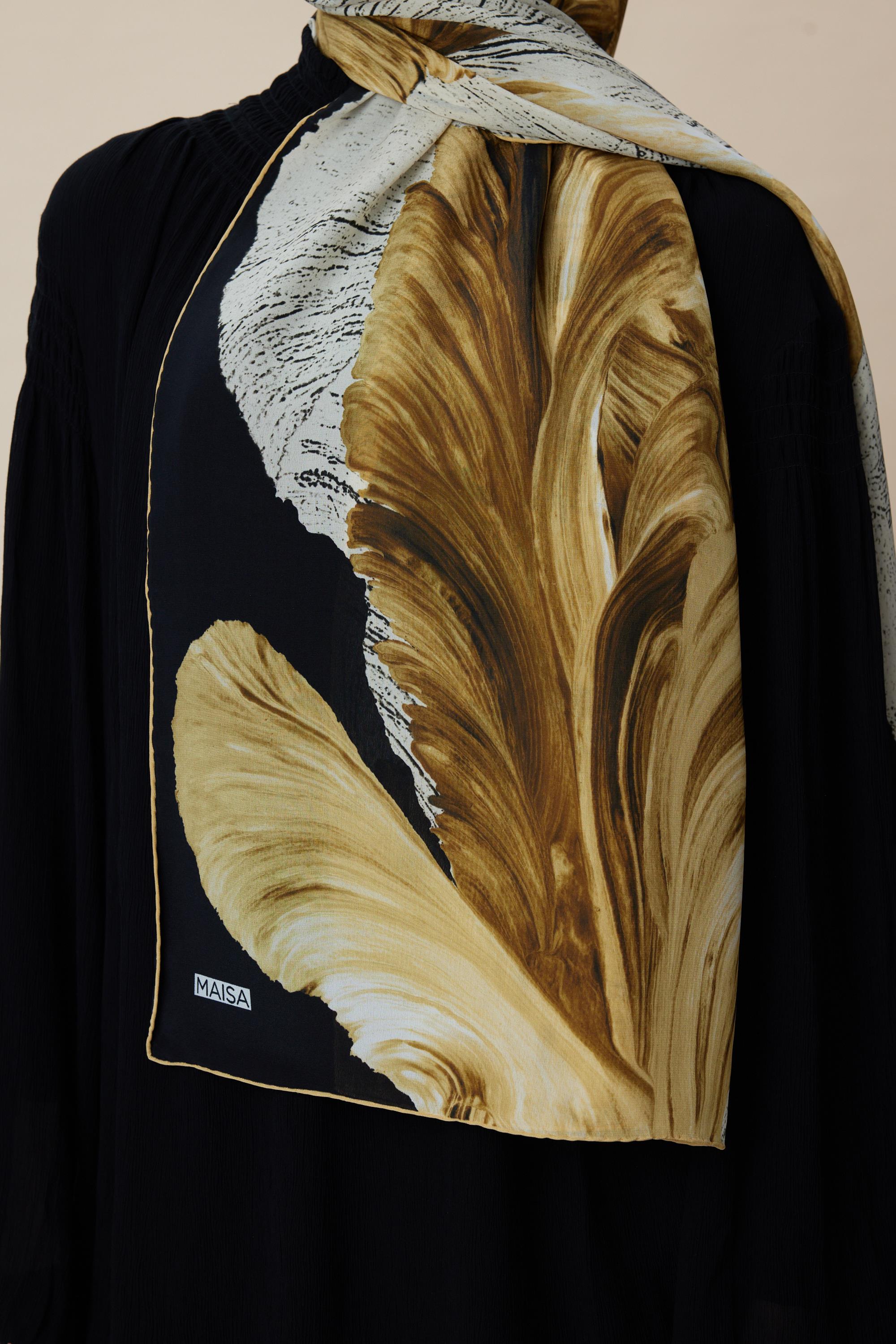 YAKAMOZ KREP İPEK ŞAL 70*190 CM - GOLD SİYAH