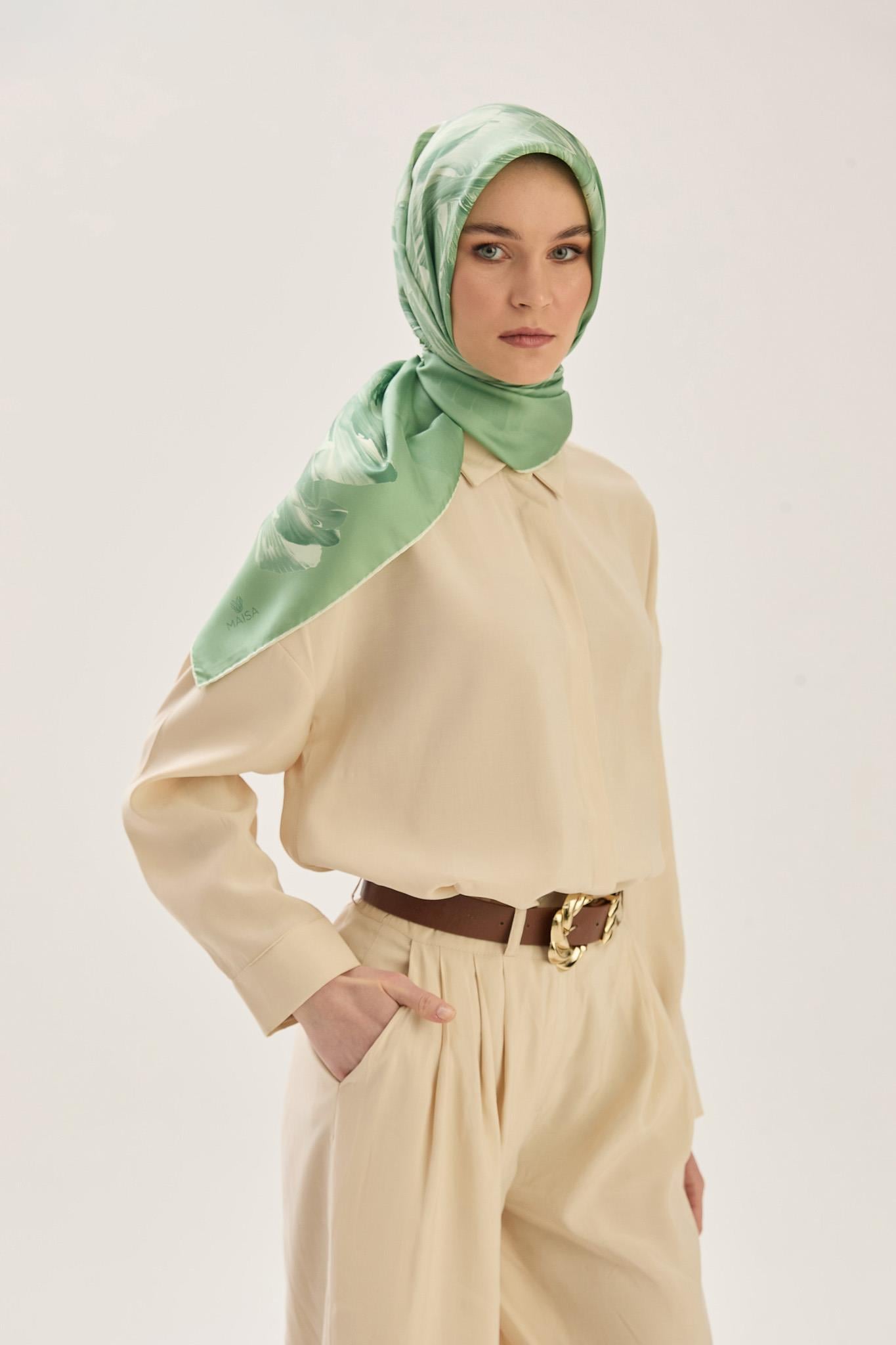 ZER TİVİL İPEK EŞARP 90*90 CM - YEŞİL