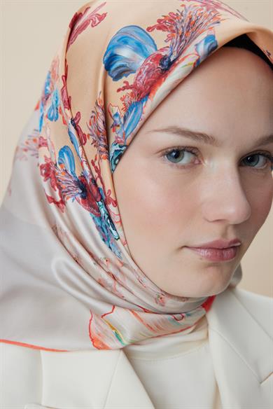 AHU TİVİL İPEK EŞARP 90*90 CM - MERCAN