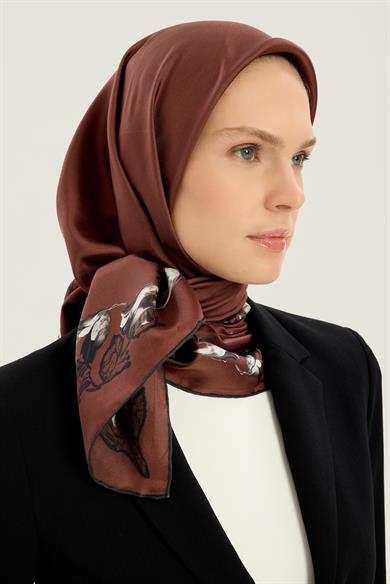 BADE TİVİL İPEK EŞARP 90*90 CM - KAHVERENGİ